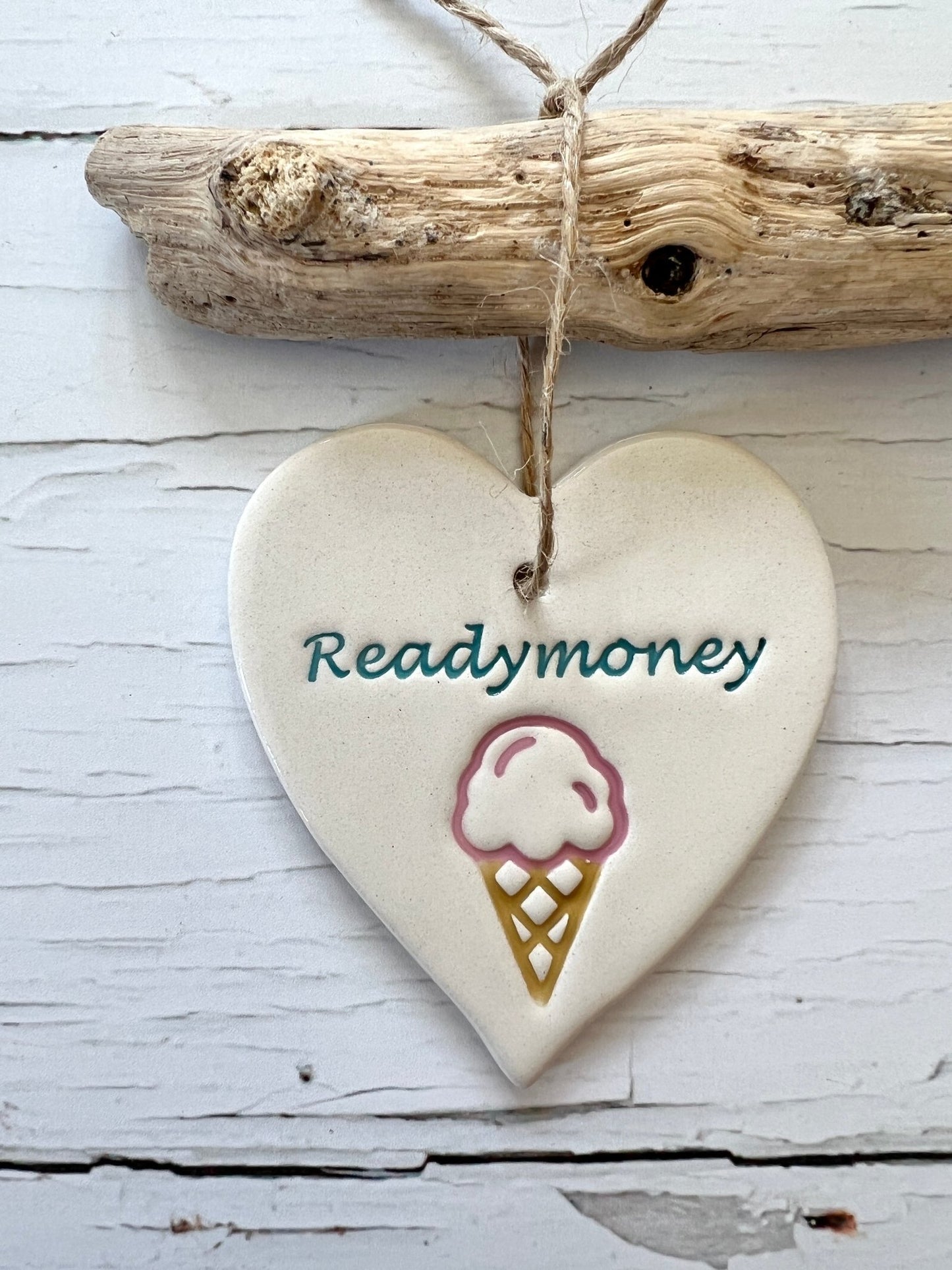 Readymoney ceramic heart hanging decoration with ice cream illustration coastal art, seaside home decor, Cornish gift, handcrafted pottery