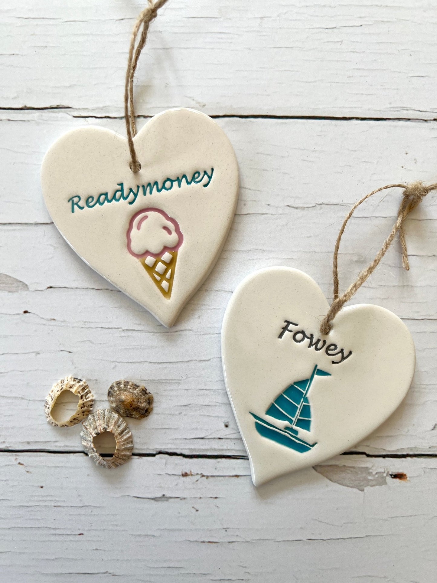 ceramic heart hanging decorations for Readymoney Cove & Fowey seaside home decor, coastal art, sailboat, ice cream charm