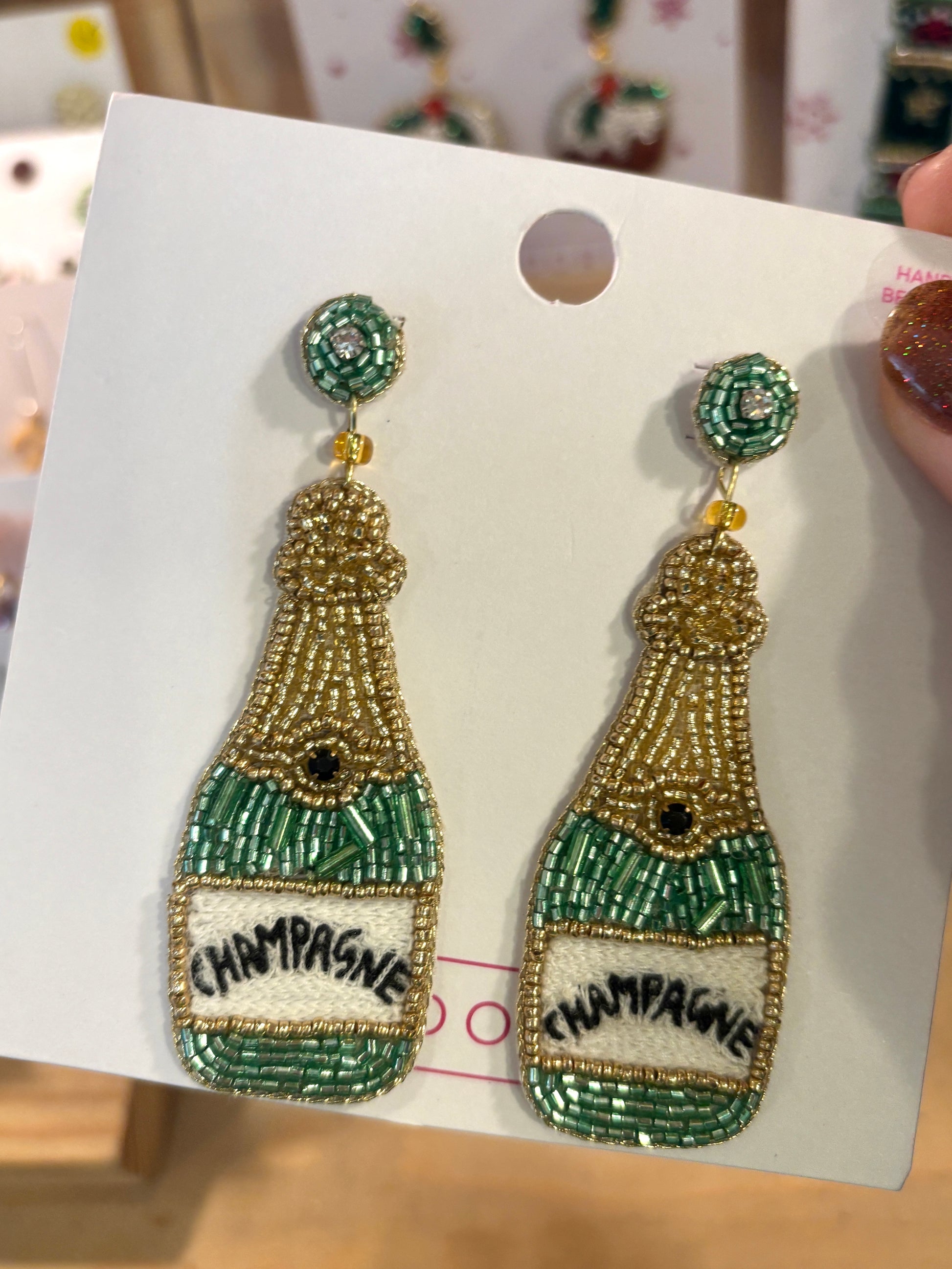 champagne bottle beaded Christmas earrings - green gold embroidered festive stud dangle party jewelry gift