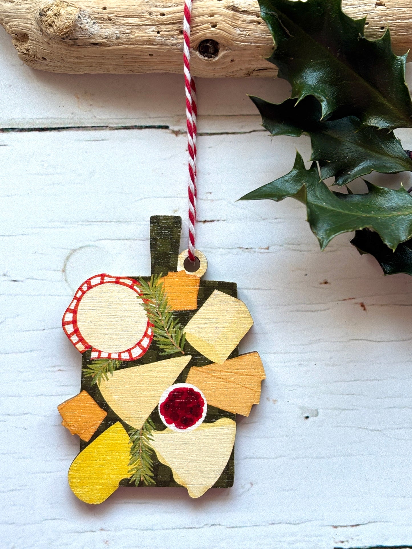wooden cheeseboard ornament festive holiday food decor featuring painted cheese wedges and red jam gourmet kitchen gift