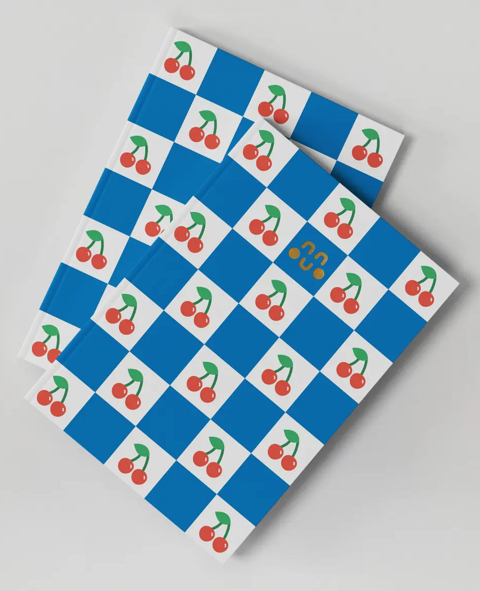 two Studio Boketto A5 notebooks stacked, featuring a blue checkered & red cherry pattern cute stationery set, school supplies, gifts
