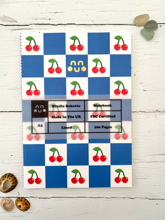 A5 Studio Boketto cherry checkered lined notebook cover FSC certified, 100 pages, Made In The UK, fun pattern stationery, journaling