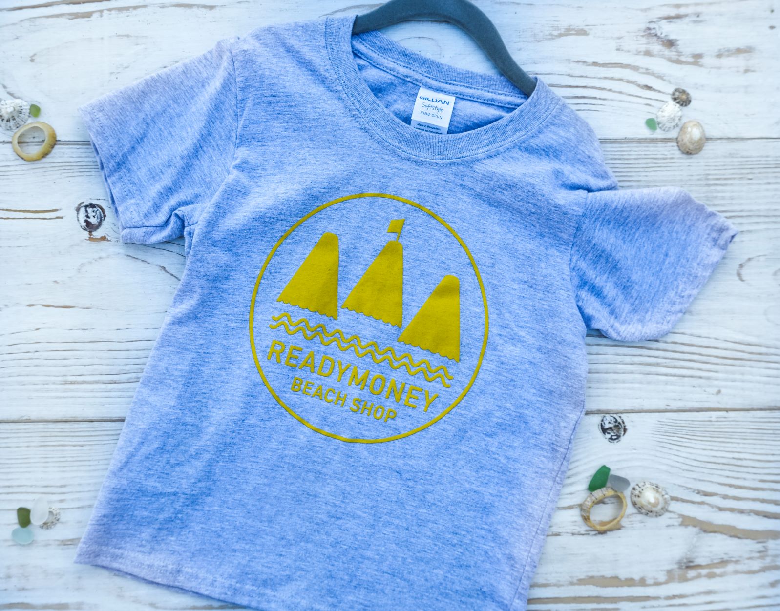 Child's grey t-shirt with yellow "Readymoney Beach Shop" graphic logo kids coastal apparel, Cornish souvenir, children's summer wear