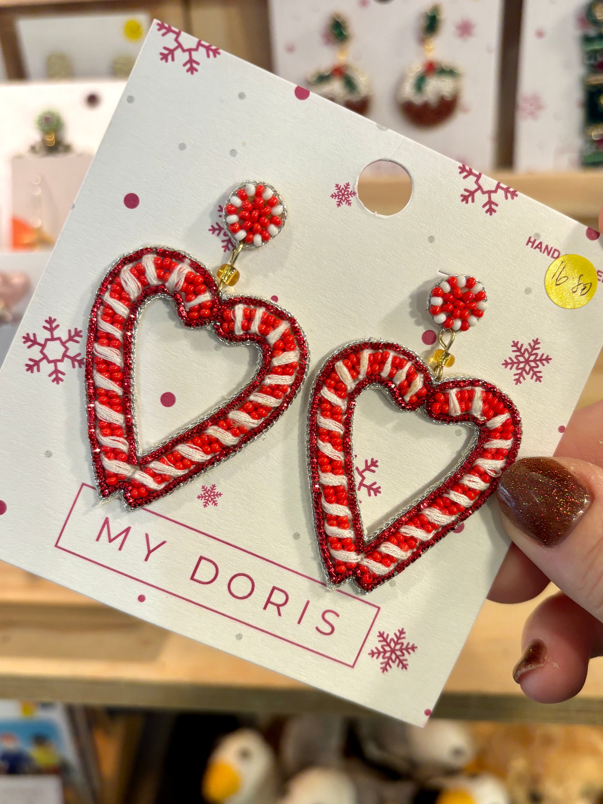 candy cane heart beaded Christmas earrings - red white striped festive stud dangle holiday party jewelry