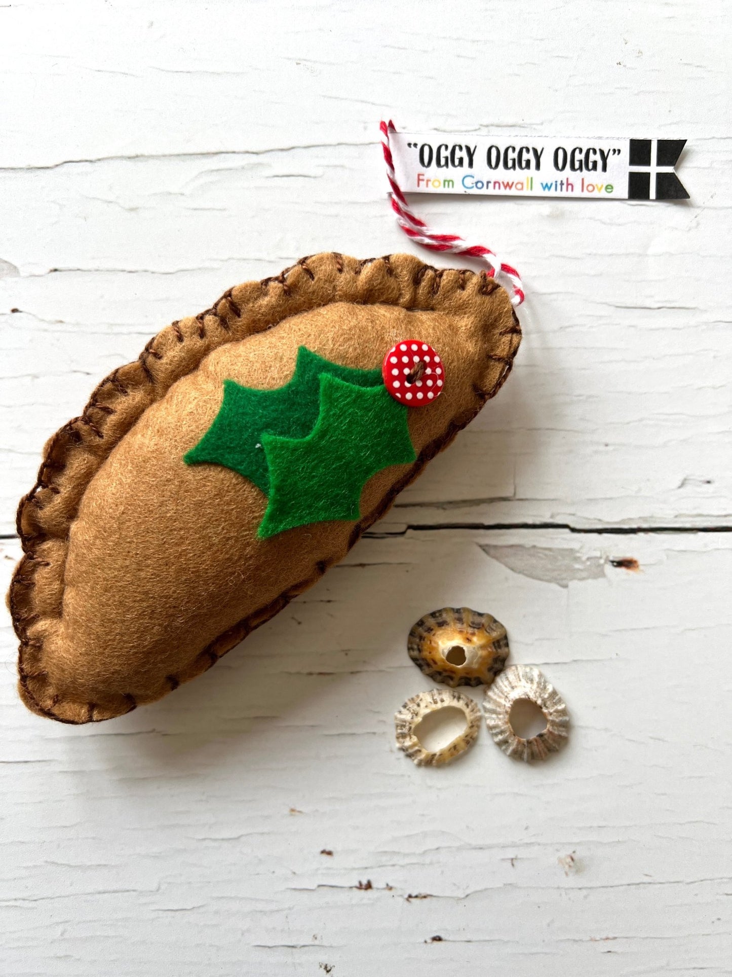 felt Cornish Pasty Christmas decoration with holly & "Oggy Oggy Oggy" tag handmade ornament, Cornwall souvenir, quirky food decor