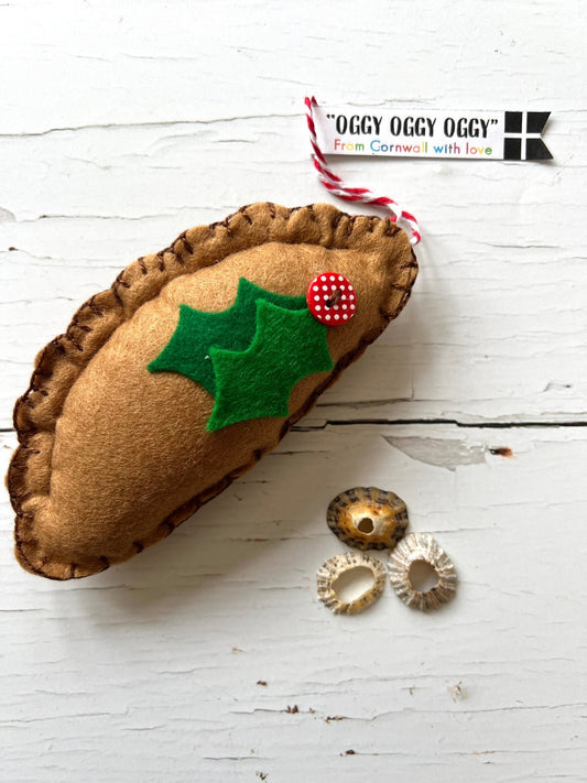 felt Cornish Pasty Christmas decoration with holly & "Oggy Oggy Oggy" tag handmade ornament, Cornwall souvenir, quirky food decor