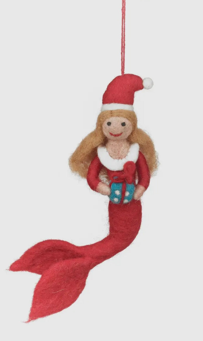 handmade felt mermaid Christmas ornament needle-felted coastal fairy tale decor red Santa outfit and tail