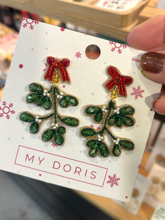 hand-beaded mistletoe stud earrings with red bow detail, festive Christmas jewellery, statement holiday gift accessory