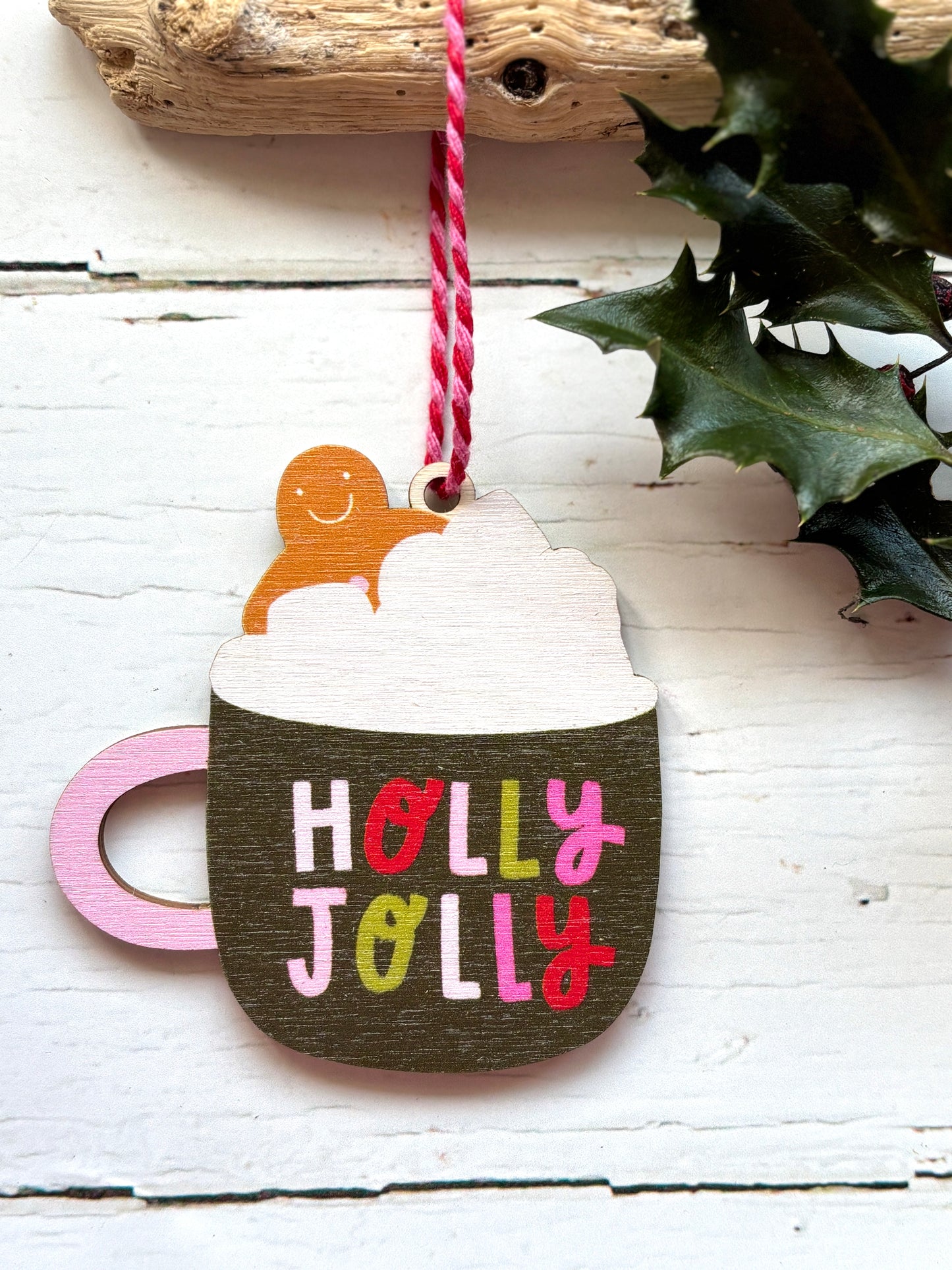 wooden 'Holly Jolly' hot chocolate mug ornament gingerbread man and whipped cream design festive drink Christmas tree decor