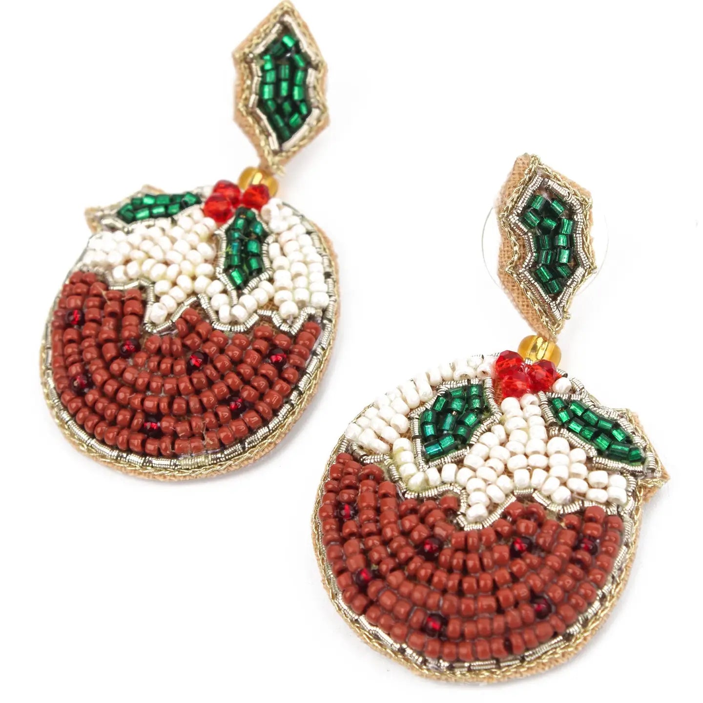 beaded Christmas pudding earrings - festive red white green embroidered stud dangle holiday statement jewelry