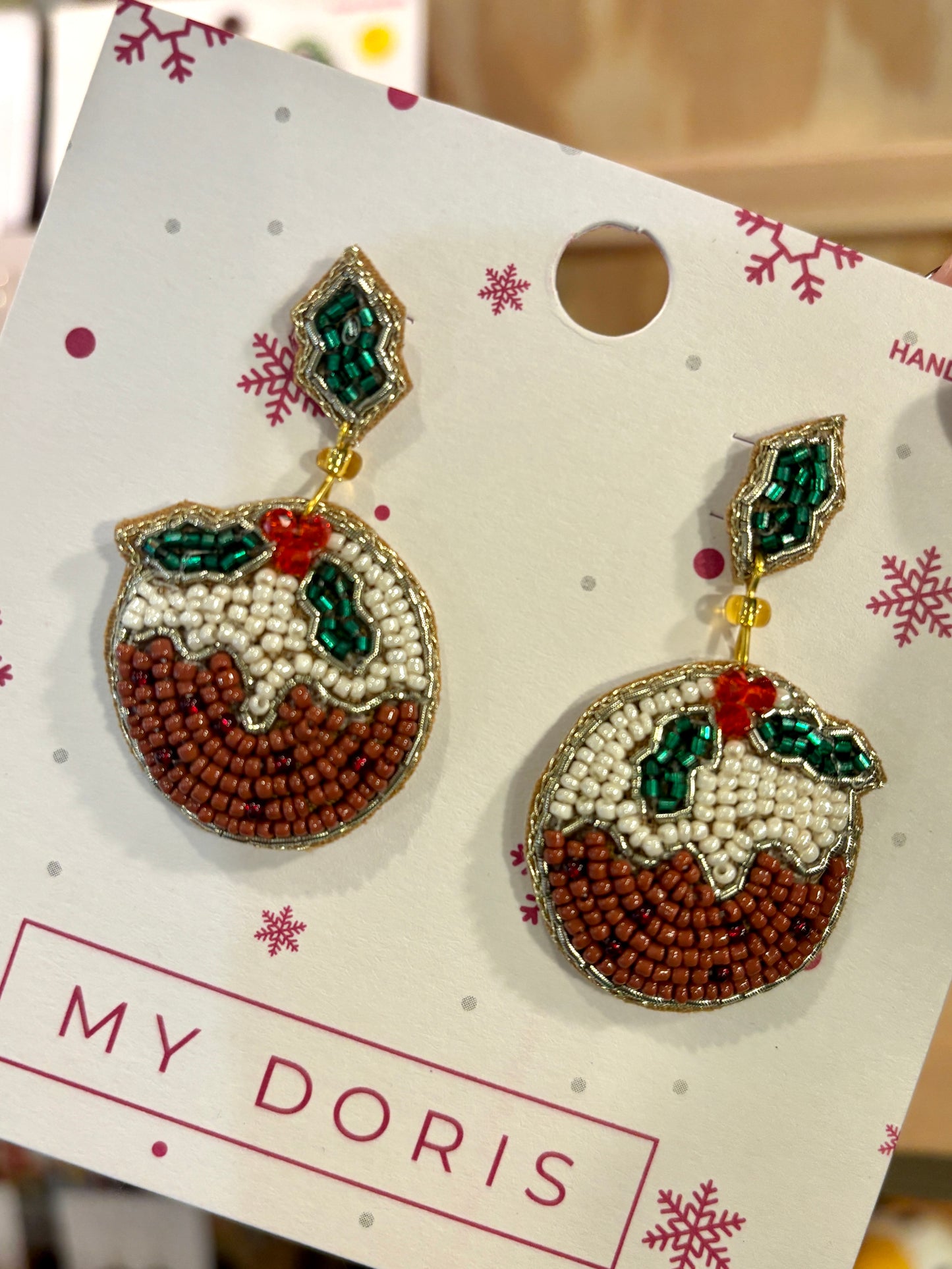 hand-beaded Christmas pudding stud earrings with festive detail, statement holiday jewellery, playful seasonal gift accessory