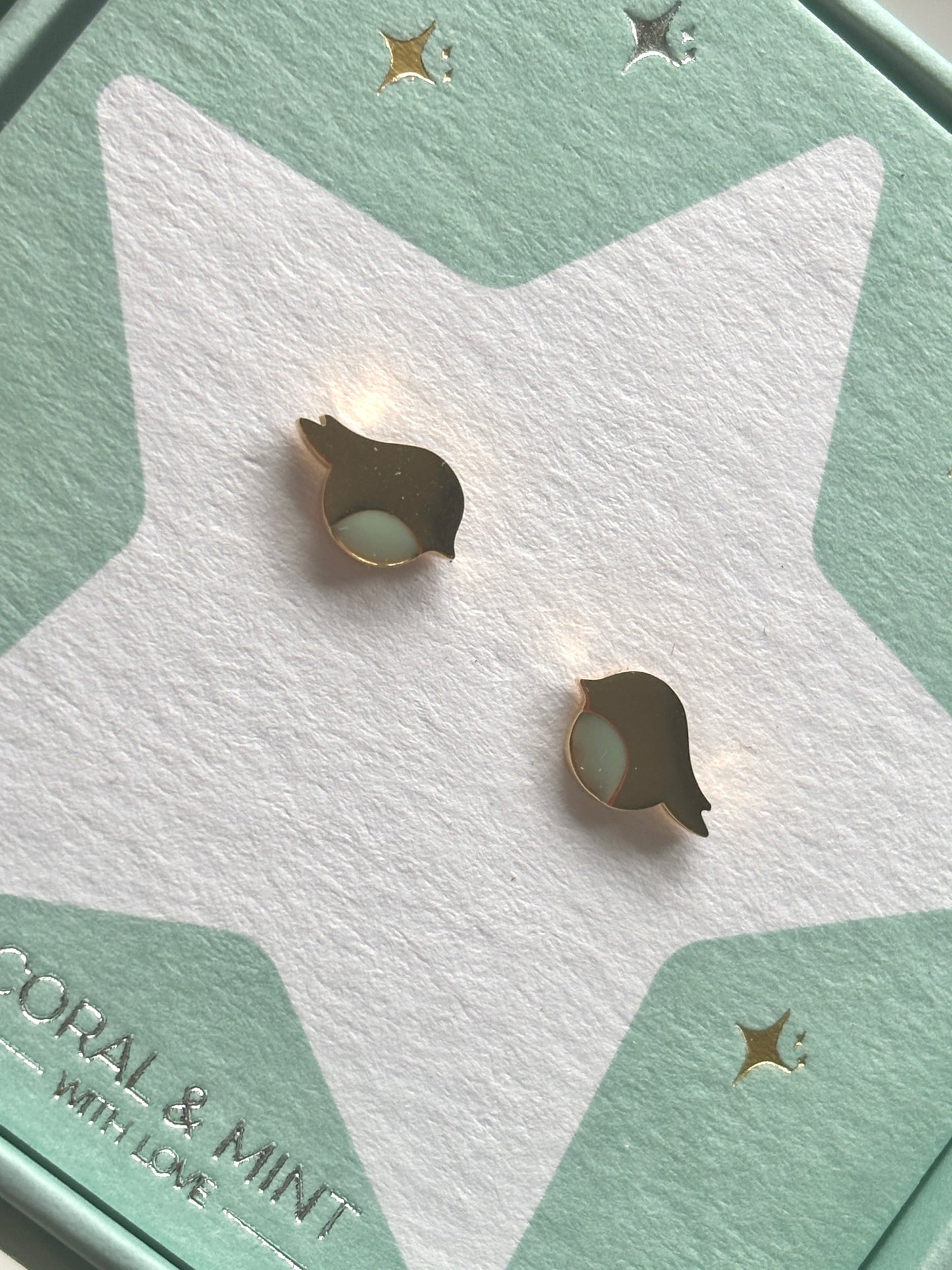 Christmas Robin stud earrings—gold bird design with mint accent on festive card, perfect for holiday jewelry and seasonal gifting