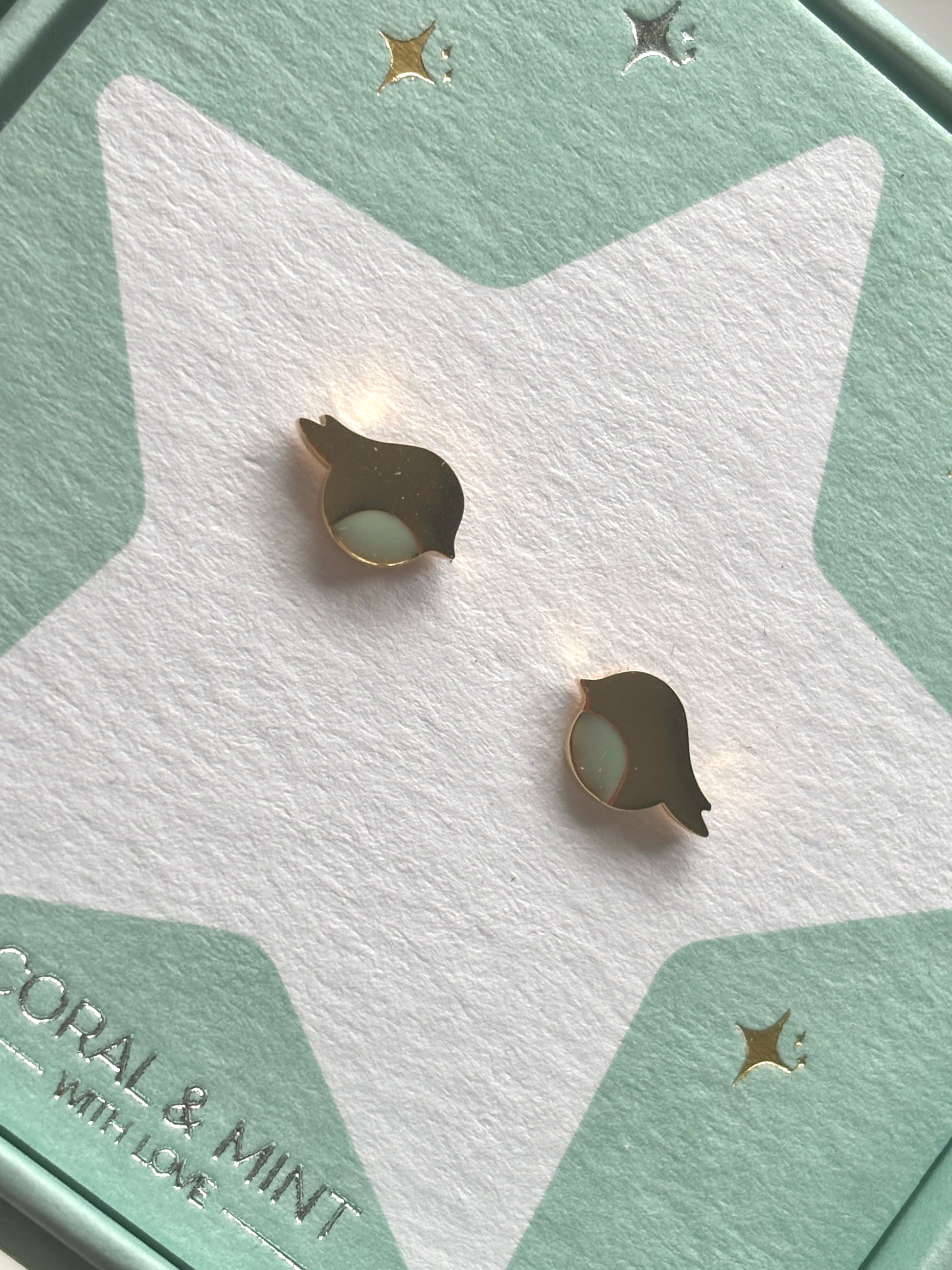 Christmas Robin stud earrings—gold bird design with mint accent on festive card, perfect for holiday jewelry and seasonal gifting