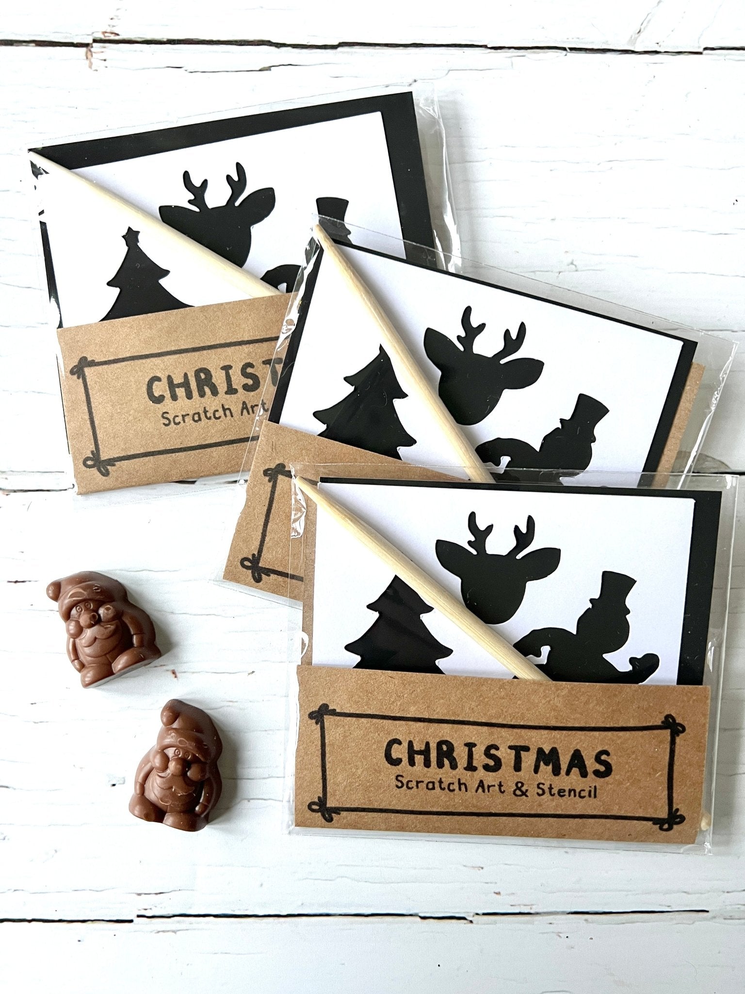 Christmas Scratch Art & Stencil kits with wooden stylus kids' holiday craft activity, reindeer, tree, snowman, stocking stuffe