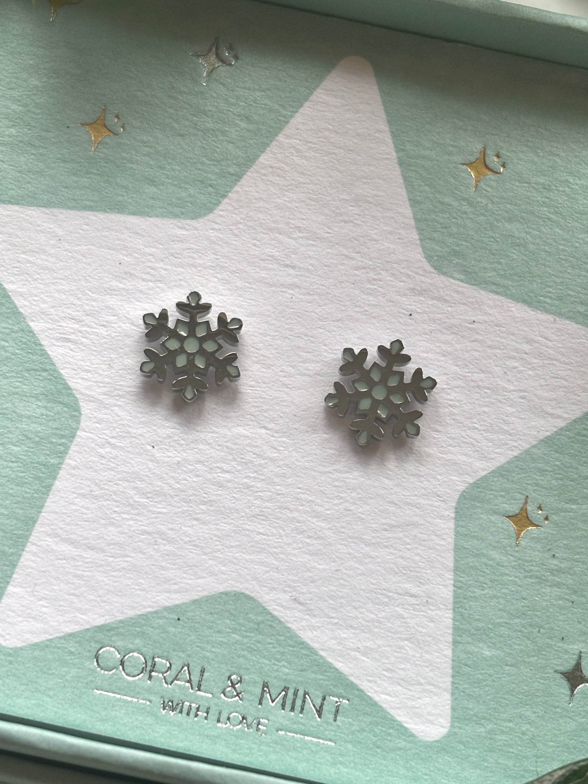 Christmas snowflake stud earrings—silver snowflake design on mint star card, perfect for winter jewelry, gifting, and stocking fillers