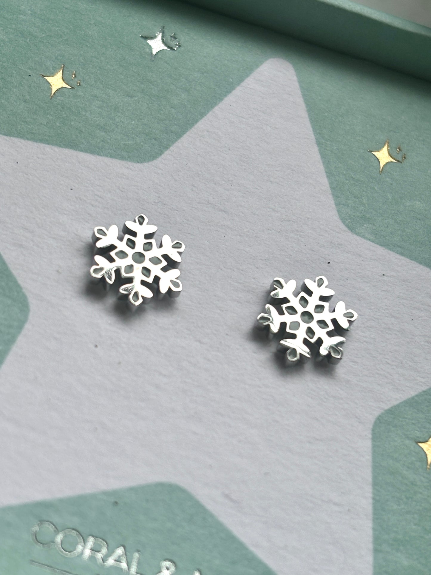 Christmas snowflake stud earrings—silver snowflake studs on festive star card, perfect for winter outfits, jewelry, and gifting