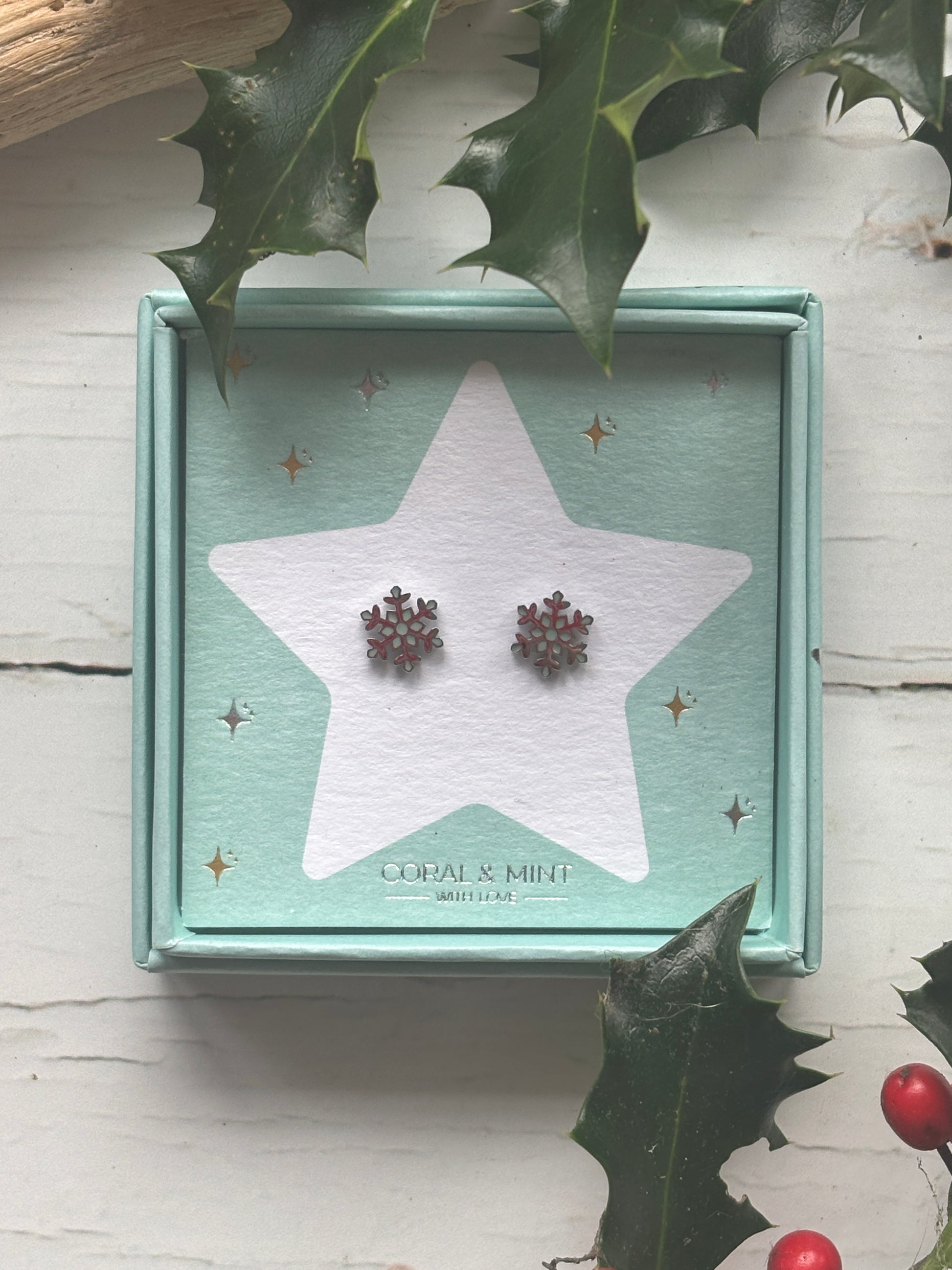 Christmas snowflake stud earrings—silver snowflake with red accents on star card, perfect for festive jewelry, winter looks, and gifting