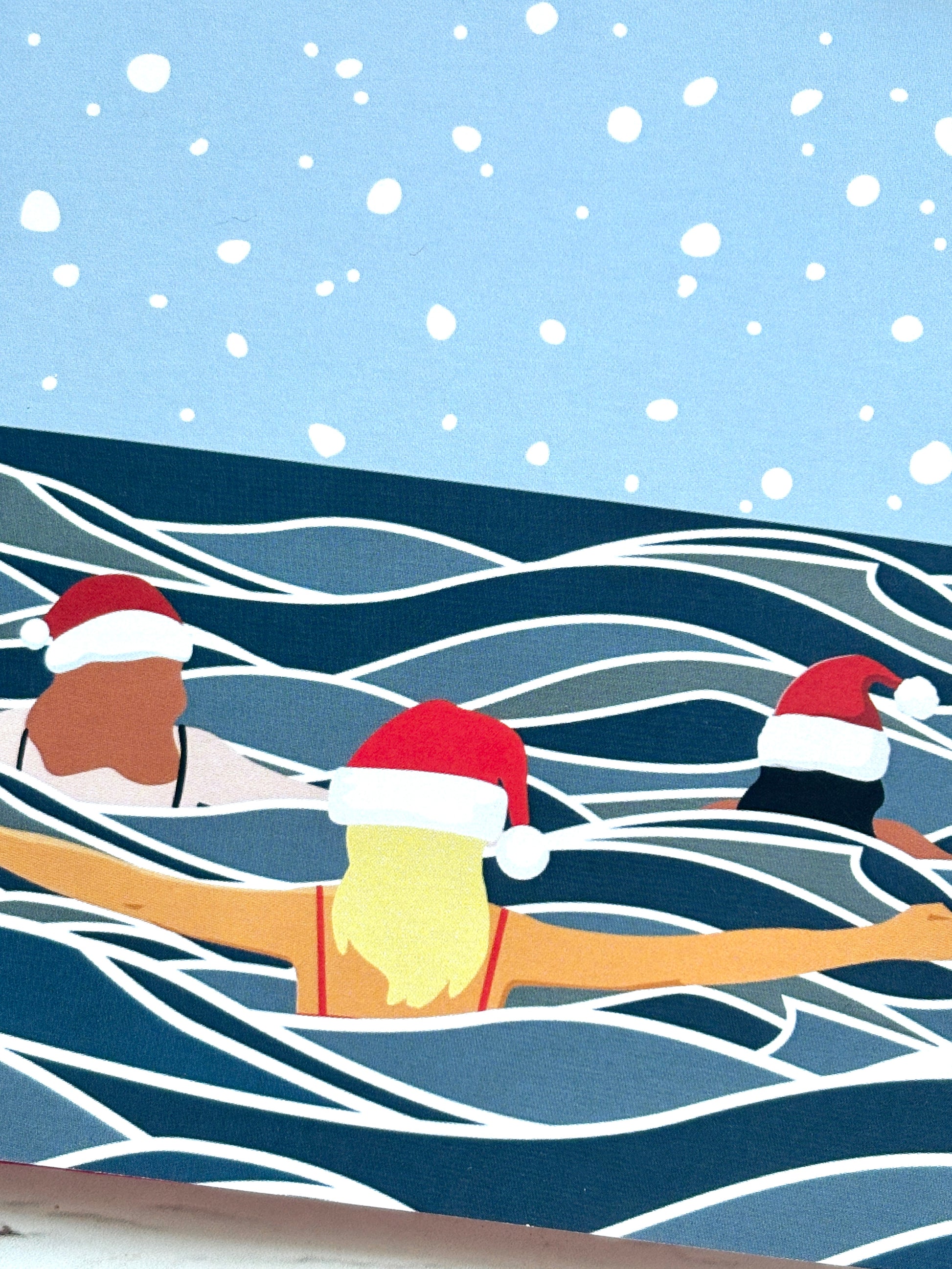 three Christmas swimmers in Santa hats, snowy winter sea illustration, festive wild swimming holiday greeting card