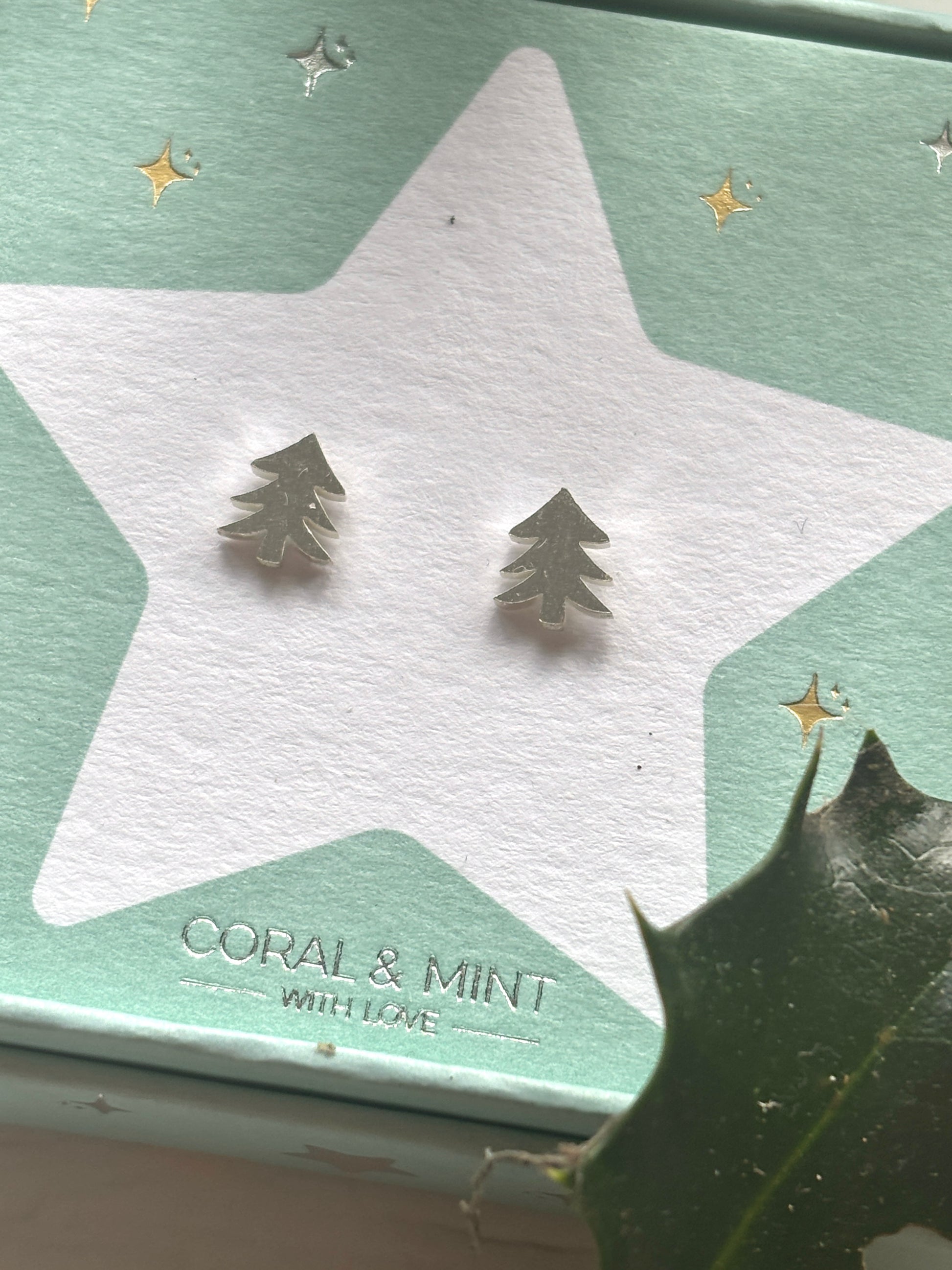 Christmas tree stud earrings—silver festive tree studs on mint star card, perfect for holiday jewelry, gifting, and seasonal style