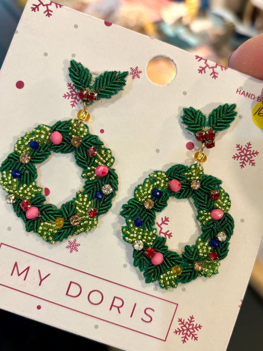 Christmas wreath beaded stud earrings - green holly with colorful ornament rhinestone festive dangle jewelry