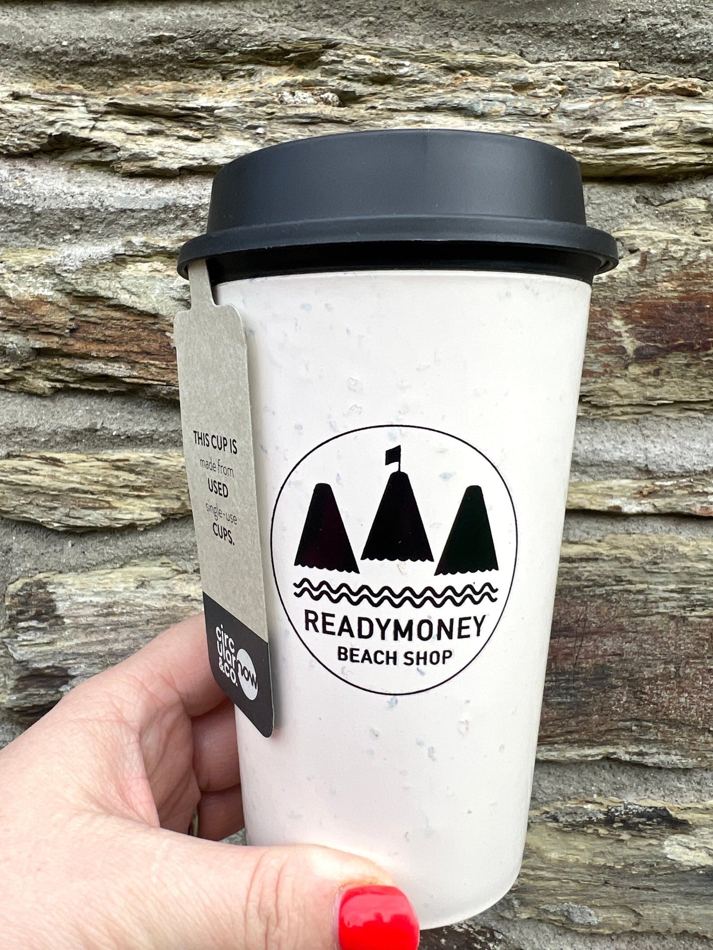 Circular&Co. Now Cup 12oz logo view 'Readymoney Beach Shop.' recycled paper cup material, sustainable, eco-friendly travel mug