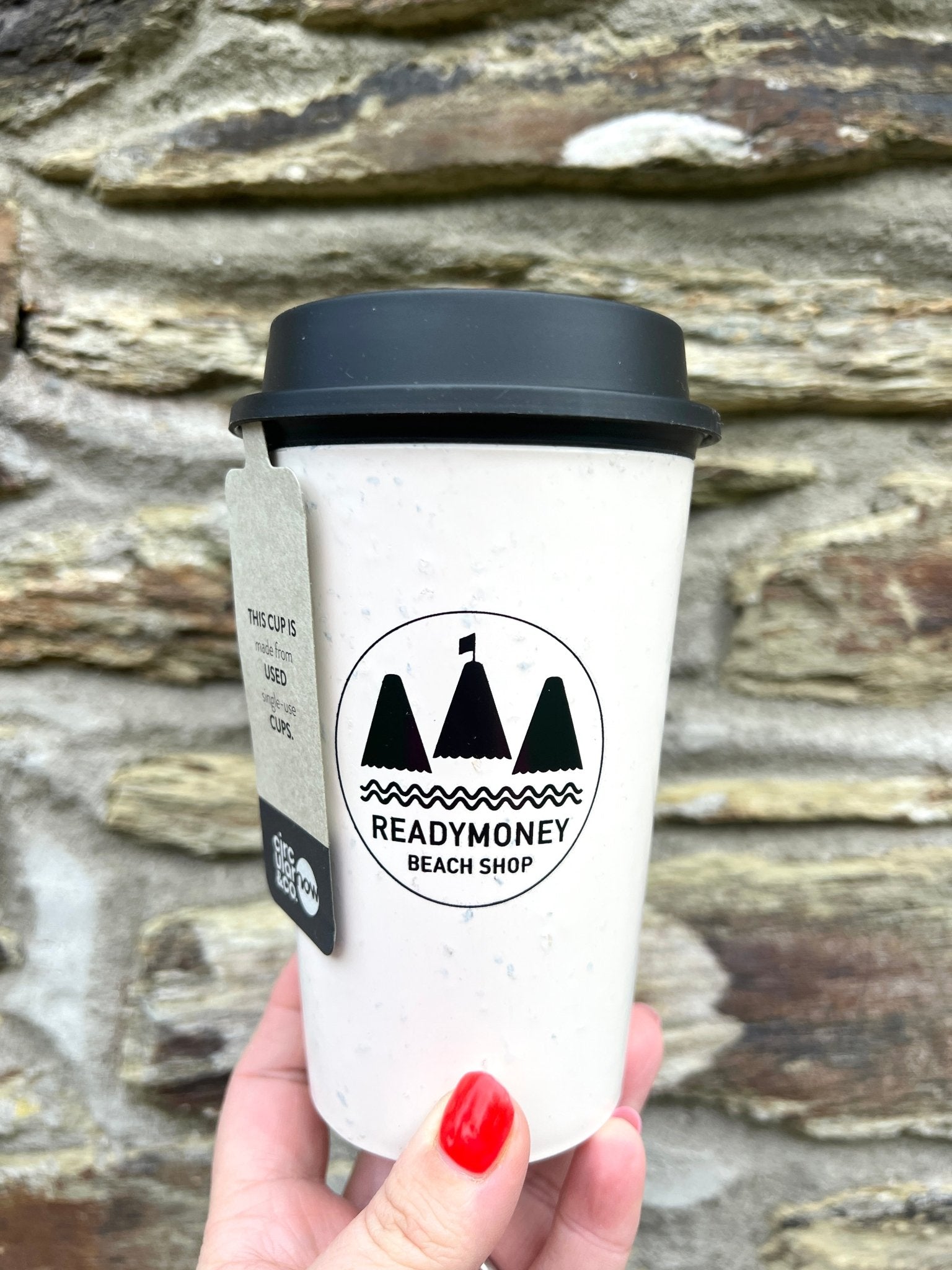 Circular&Co. Now Cup, 12oz reusable coffee cup made from used paper cups eco-friendly, recycled travel mug, 'Readymoney Beach Shop' logo