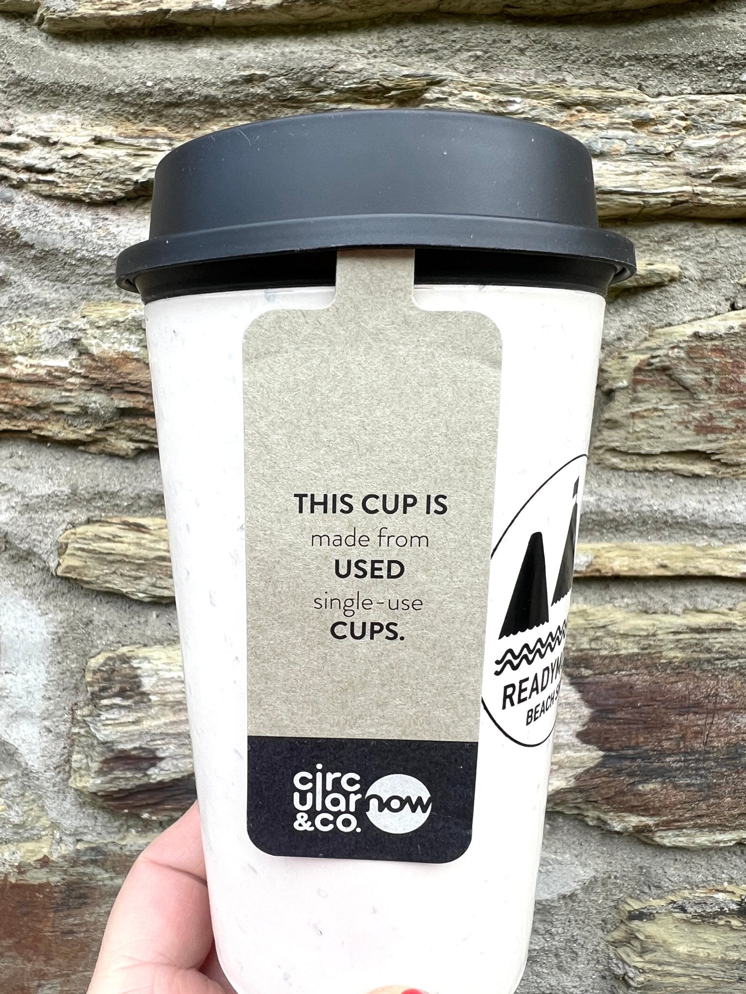Circular&Co. Now Cup 12oz. Eco-friendly reusable coffee mug tag 'made from used single-use cups.' recycled travel mug