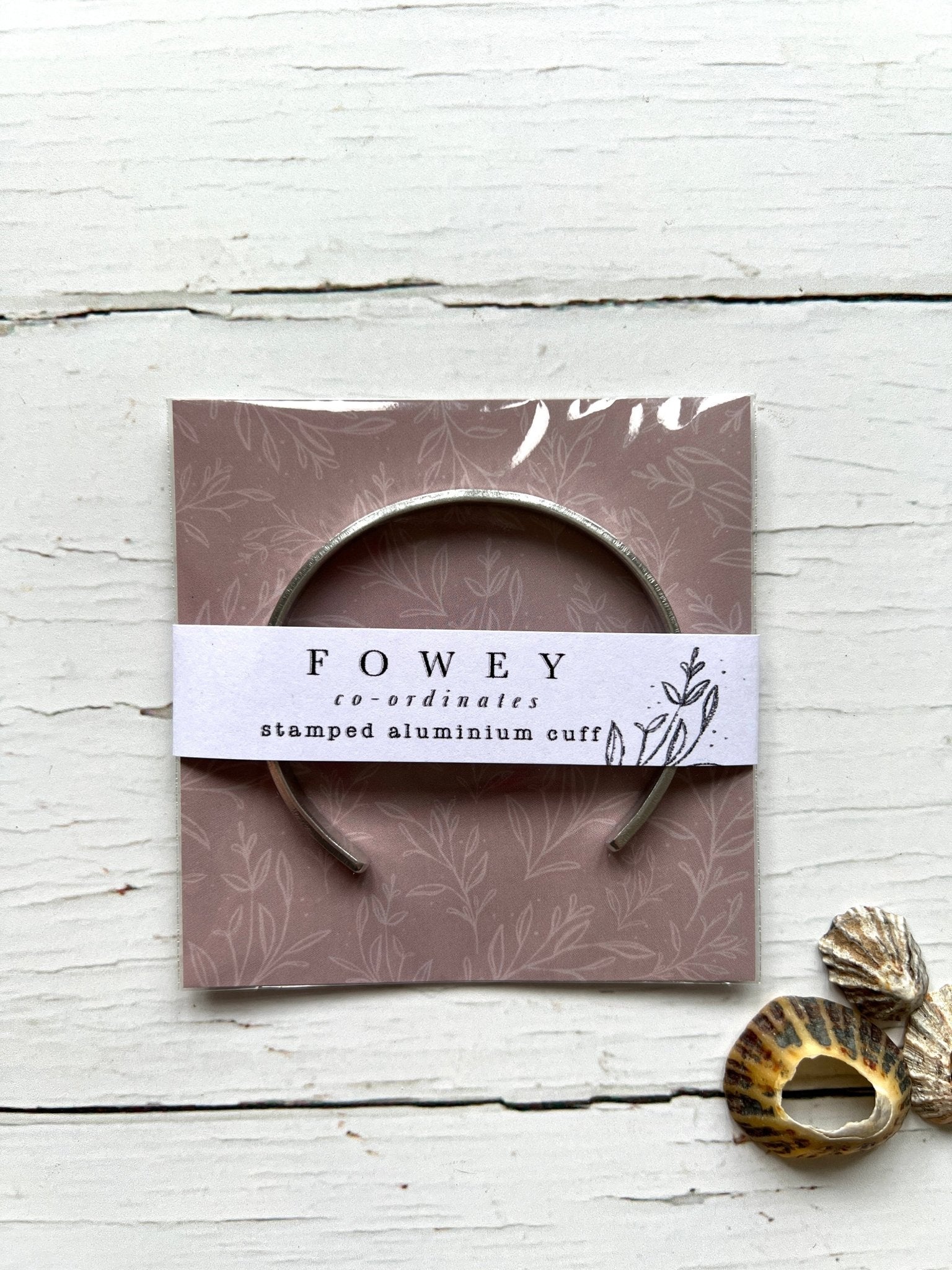 Fowey coordinates aluminum cuff packaged, stamped bracelet, Cornwall location jewelry, personalized travel gift