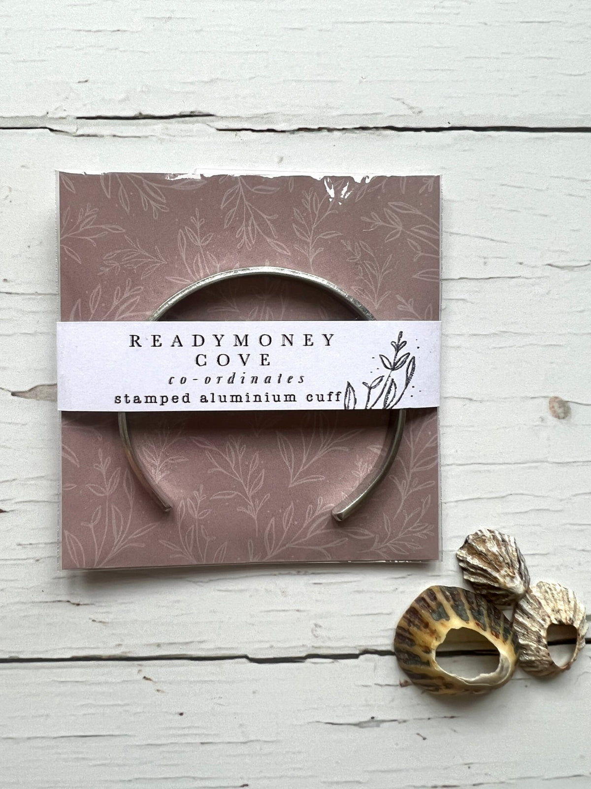 Readymoney Cove aluminum coordinates cuff, Cornwall beach jewelry, stamped location bracelet, coastal gift packaged