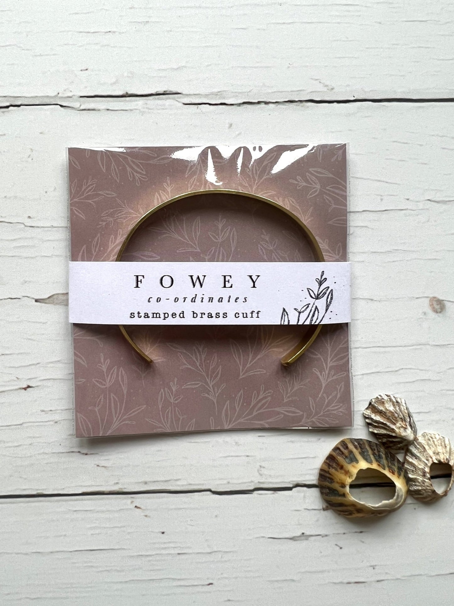 Fowey coordinates brass cuff packaged, Cornwall location bracelet, stamped metal jewelry gift, botanical wrapping