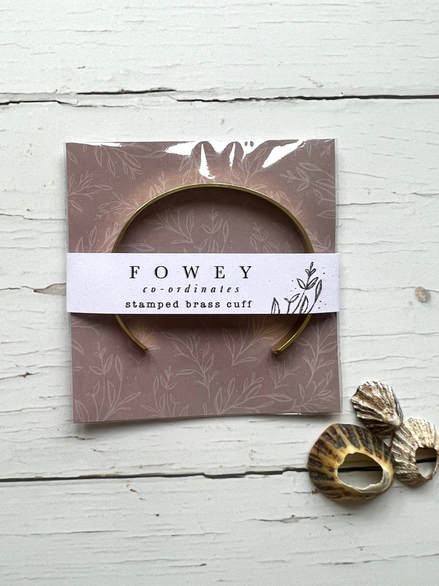 Fowey coordinates brass cuff packaged, Cornwall location bracelet, stamped metal jewelry gift, botanical wrapping