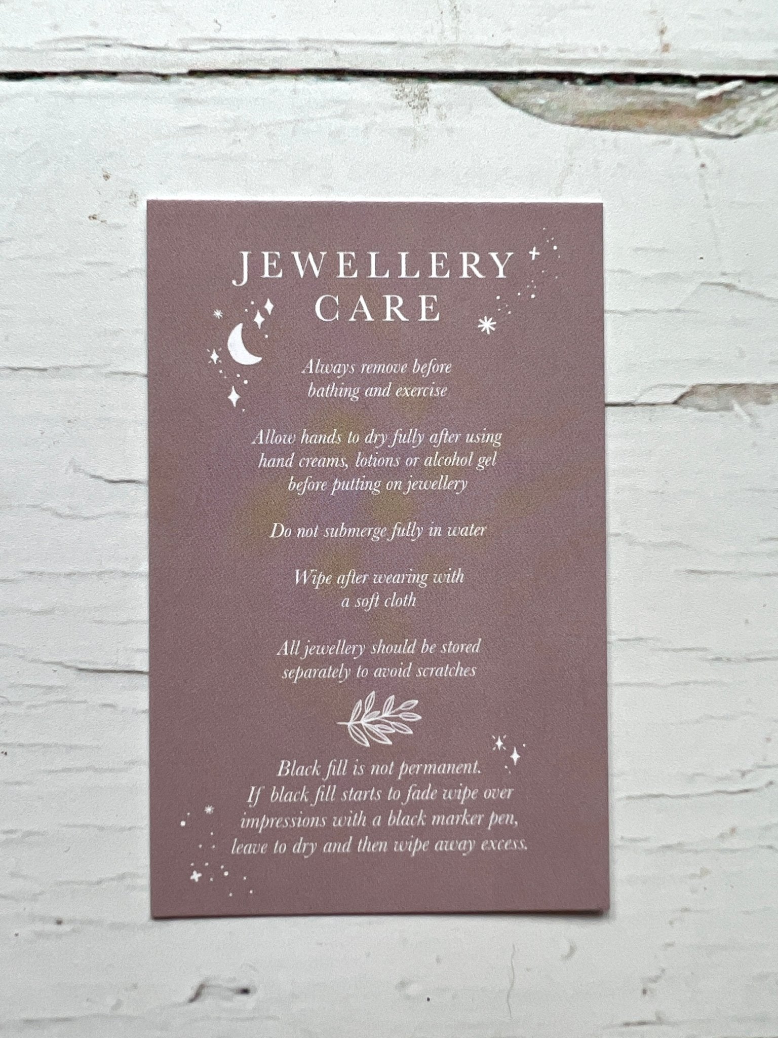 jewelry care card instructions, maintenance guide for metal cuffs, celestial design care tips, handmade jewelry info