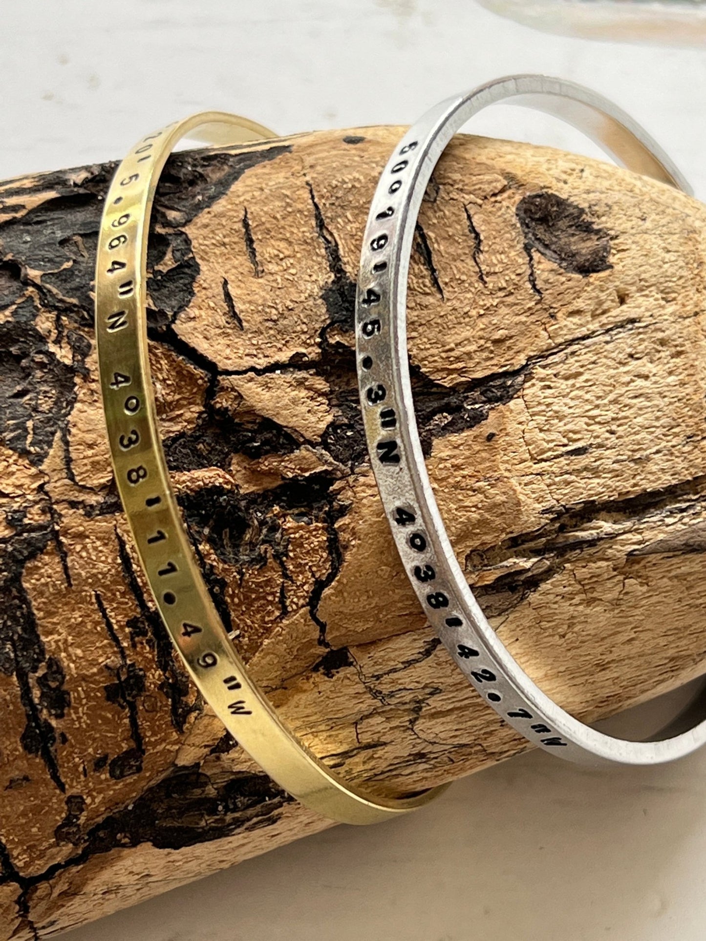 stamped coordinates bracelet set, gold silver cuff bands, personalized geographical jewelry, custom location engraved bangle