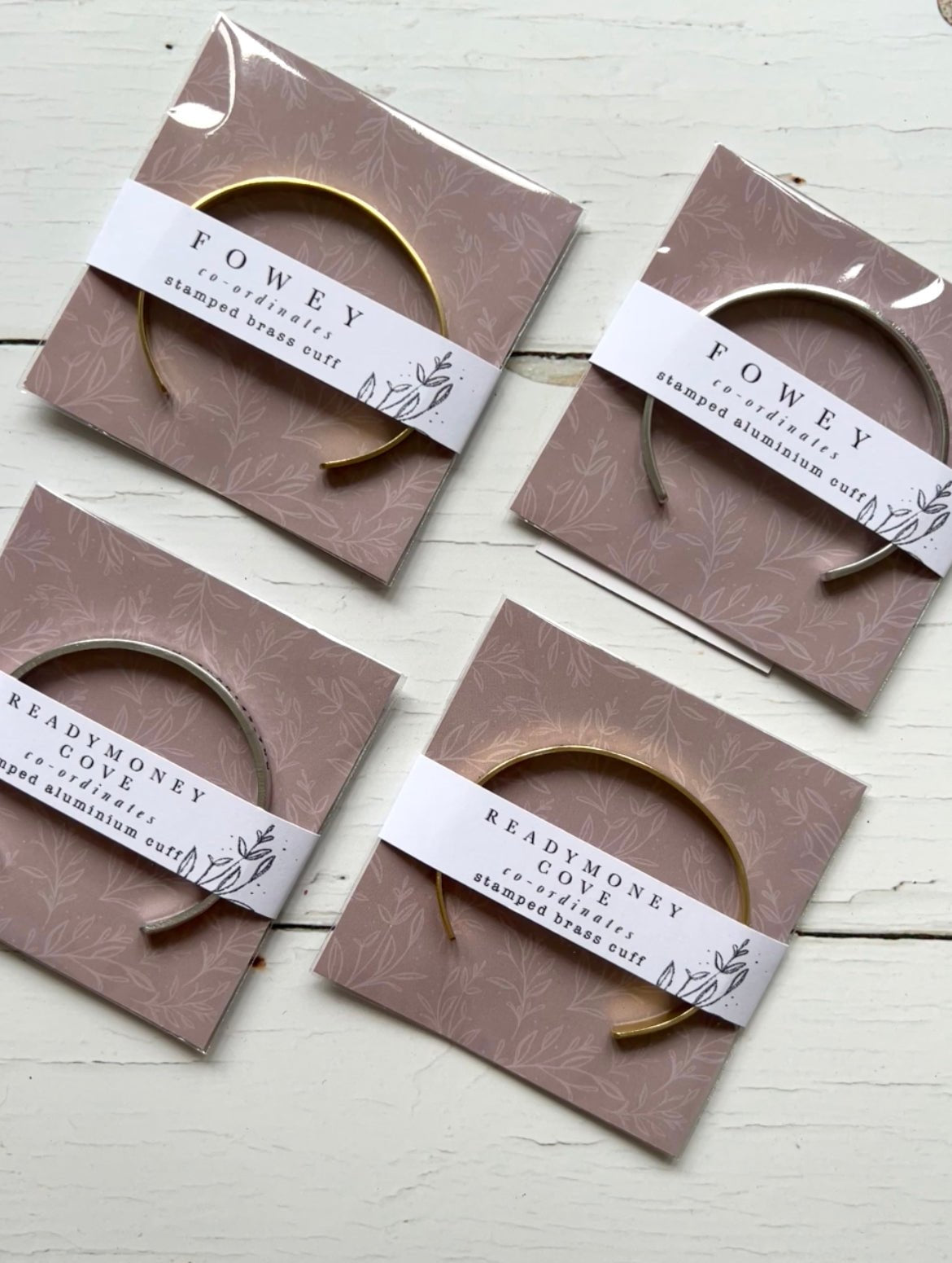 coordinates cuff bracelet set, brass aluminum options, packaged stamped jewelry, personalized gift, botanical wrapping