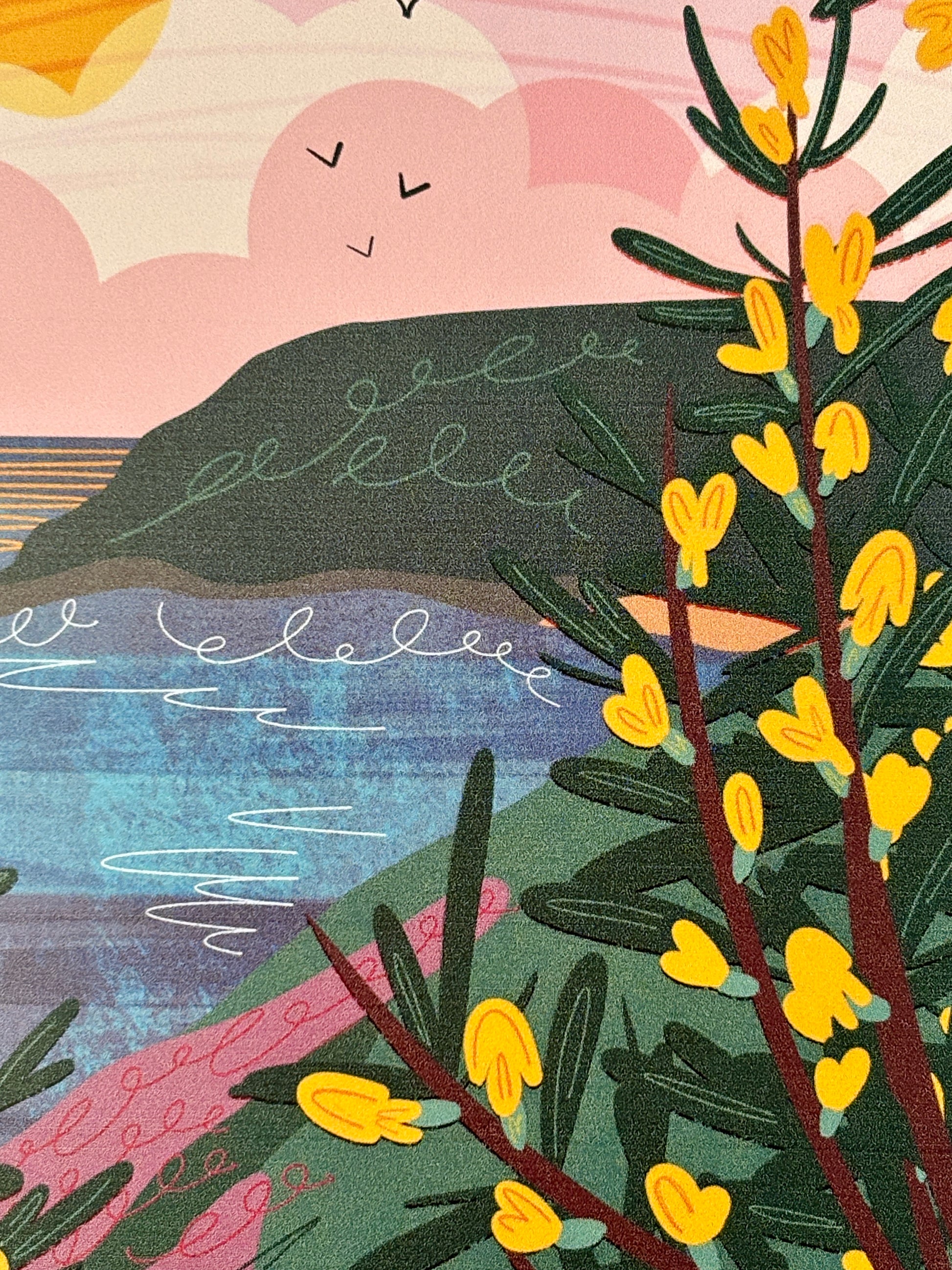 closeup shot of coastal path art print textured illustration, yellow gorse, dark green foliage, blue ocean, pink cliff detail