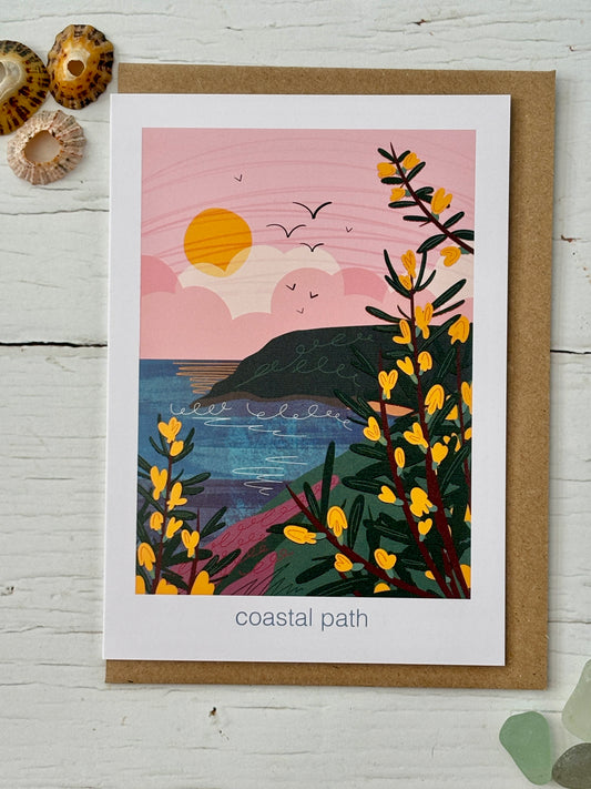 coastal path greeting card vibrant seaside art, pink sunset, yellow gorse, ocean view, nature illustration, scenic coastal print