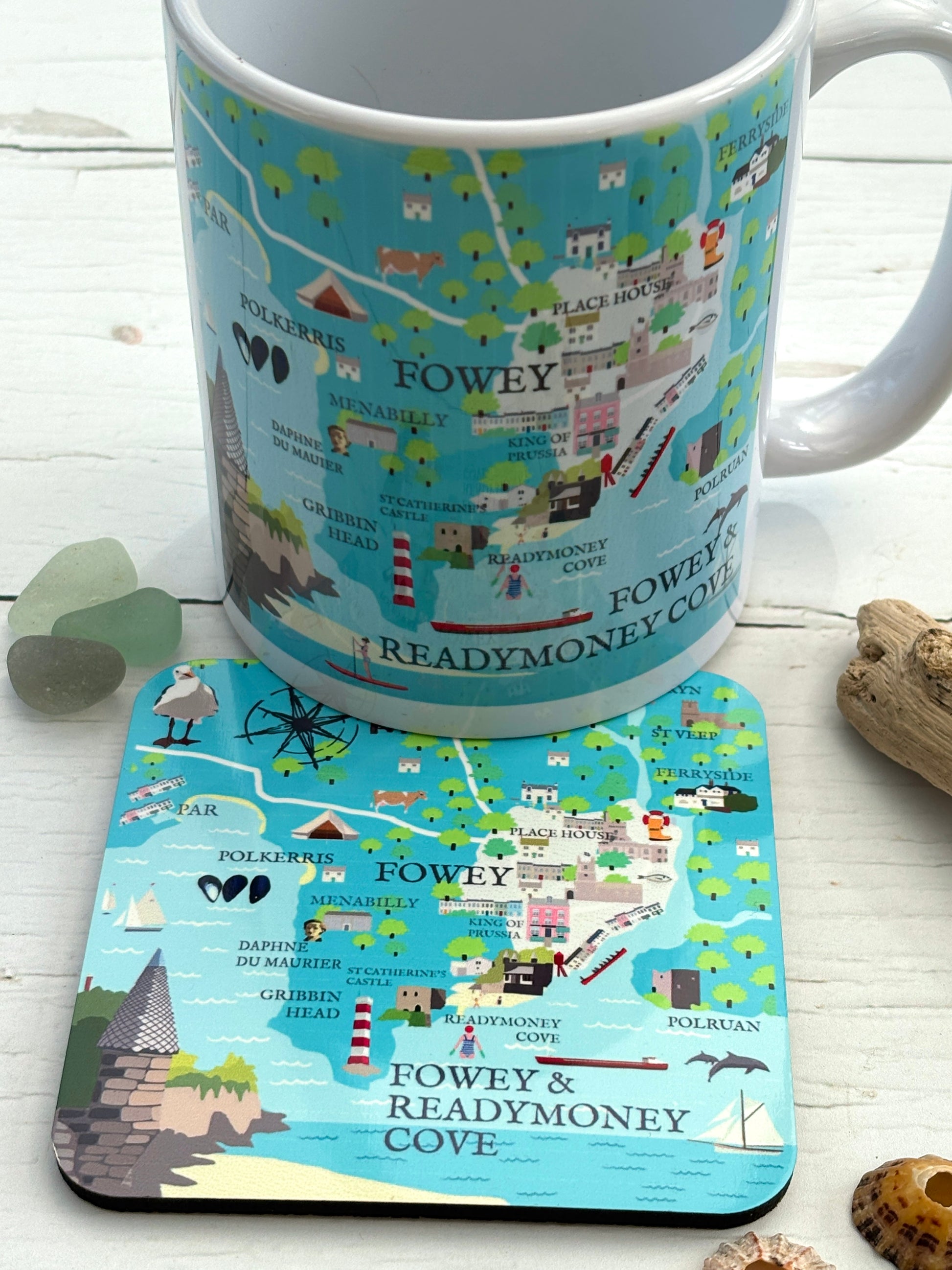 Fowey Cornwall map coaster and mug set coastal decor, nautical kitchenware, seaside illustrated landmarks gift