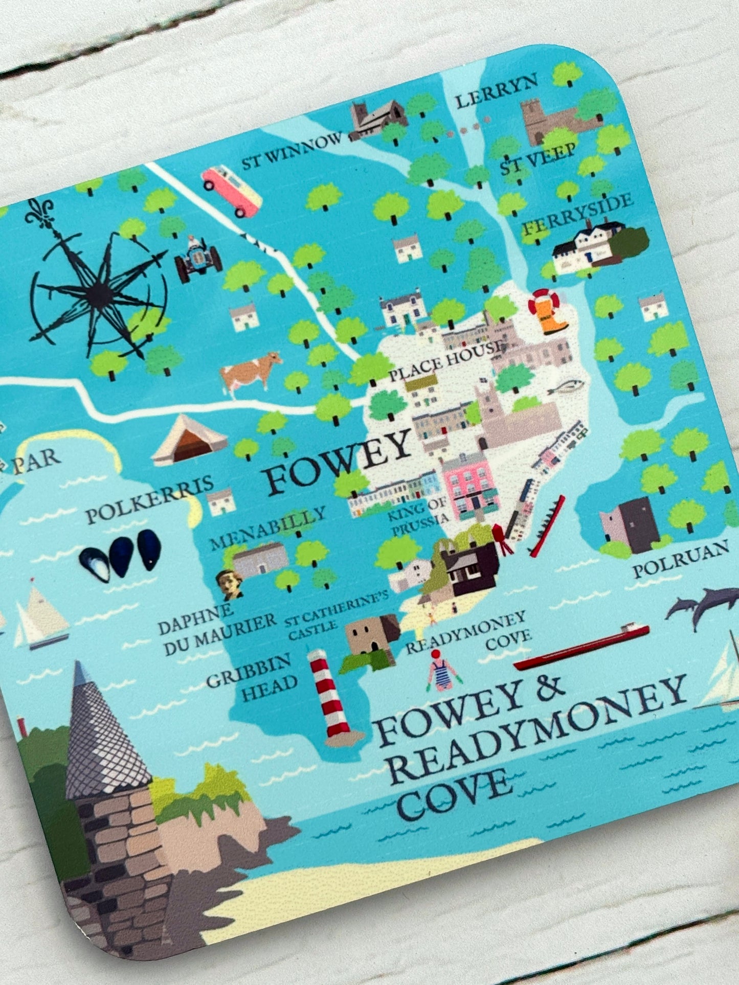 corner view of Fowey map coaster Gribbin Head, St Winnow, Ferryside, Polruan illustrated Cornwall giftware