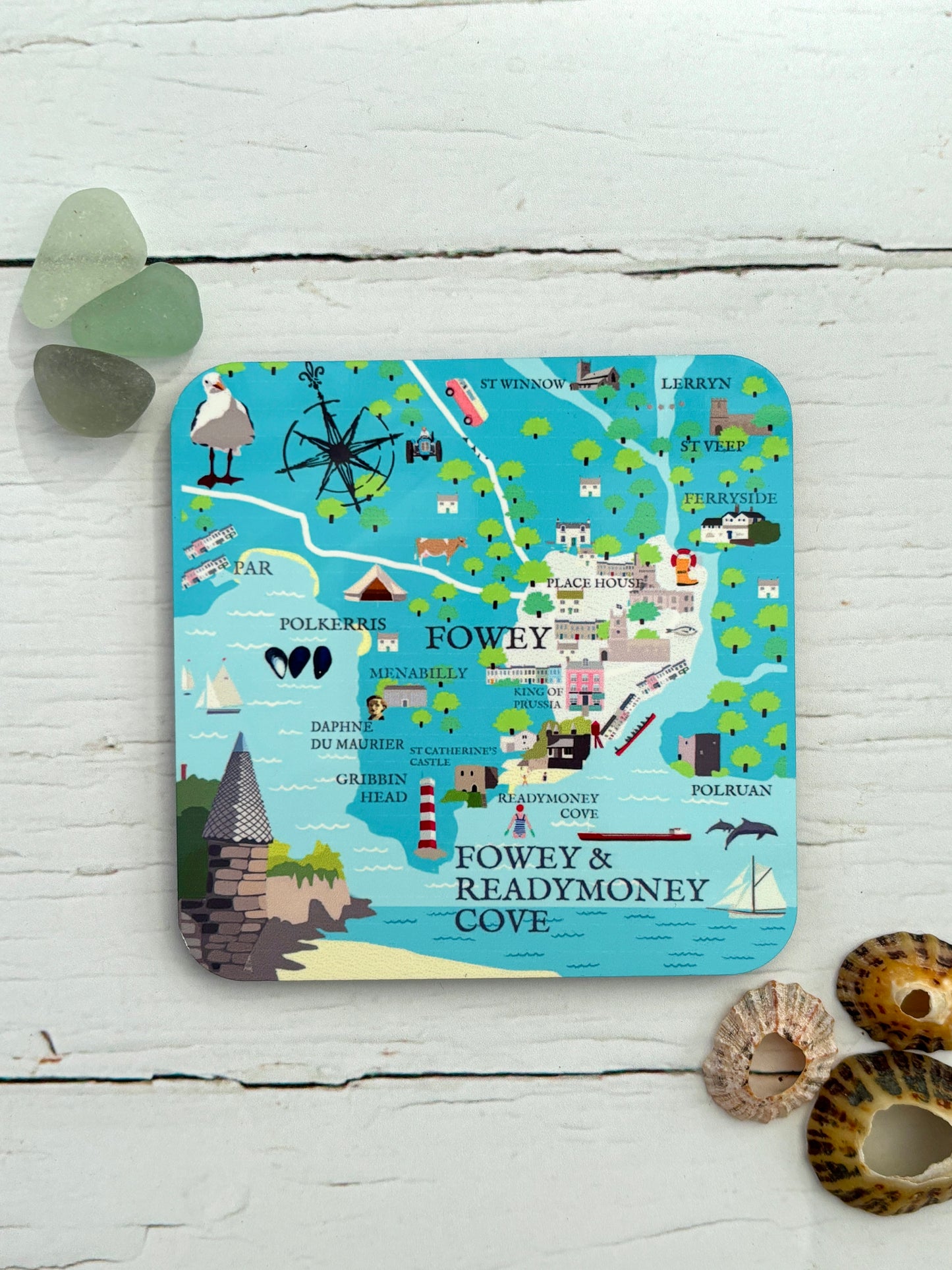 Fowey map coaster illustrated Cornwall landmarks, nautical theme, beach house decor, unique gift, seaside souvenir, cute kitchenware