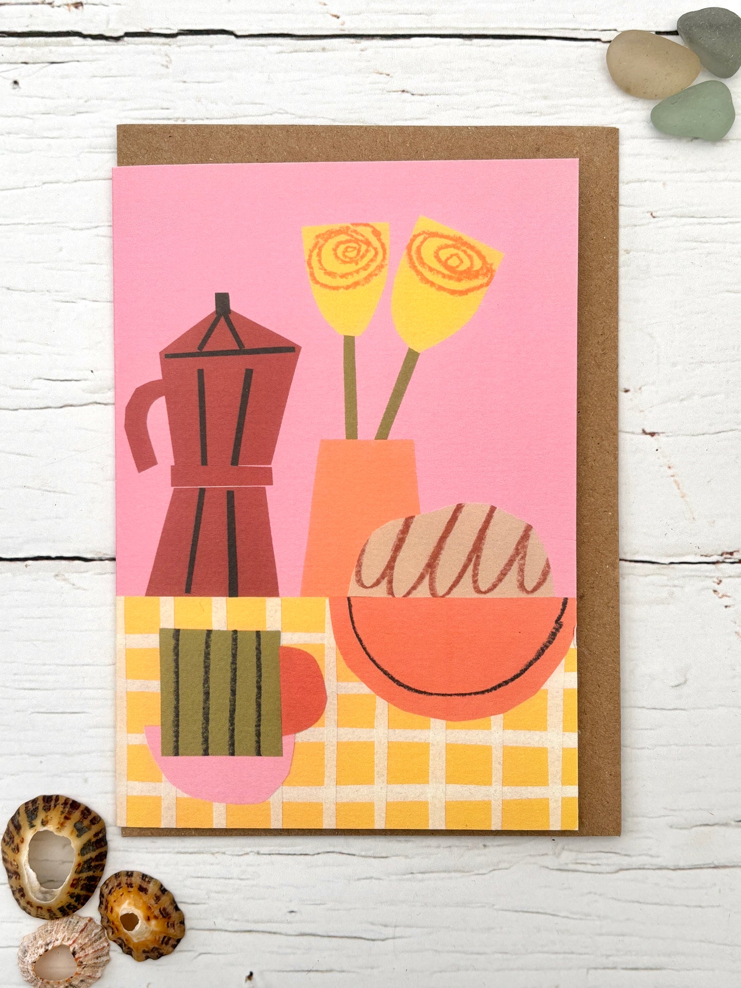 coffee break still life greeting card bold pink and yellow abstract flower and moka pot modern art print
