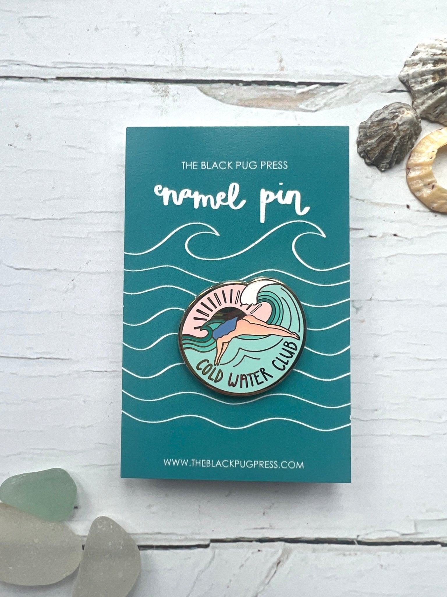 cold water club enamel pin ocean swimming badge, wild swimmer hard enamel gift, sea plunge mermaid jewelry