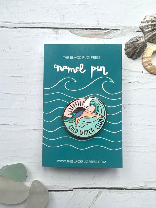 cold water club enamel pin ocean swimming badge, wild swimmer hard enamel gift, sea plunge mermaid jewelry