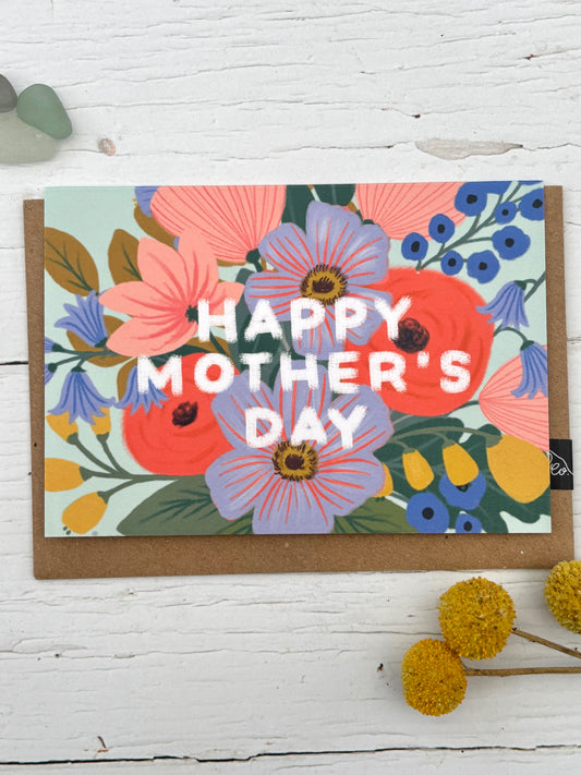 bold and colorful Happy Mother's Day card stylized floral pattern, modern graphic botanical illustration on mint green