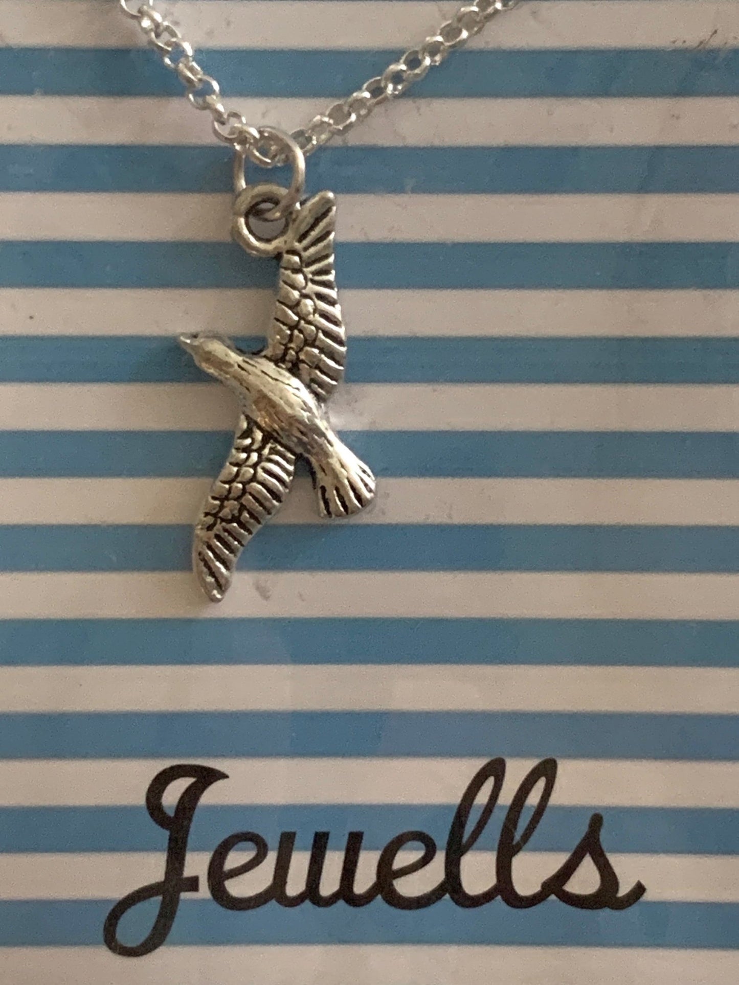 seagull charm necklace by Jewells silver-tone nautical pendant on blue stripe card coastal bird jewelry gift