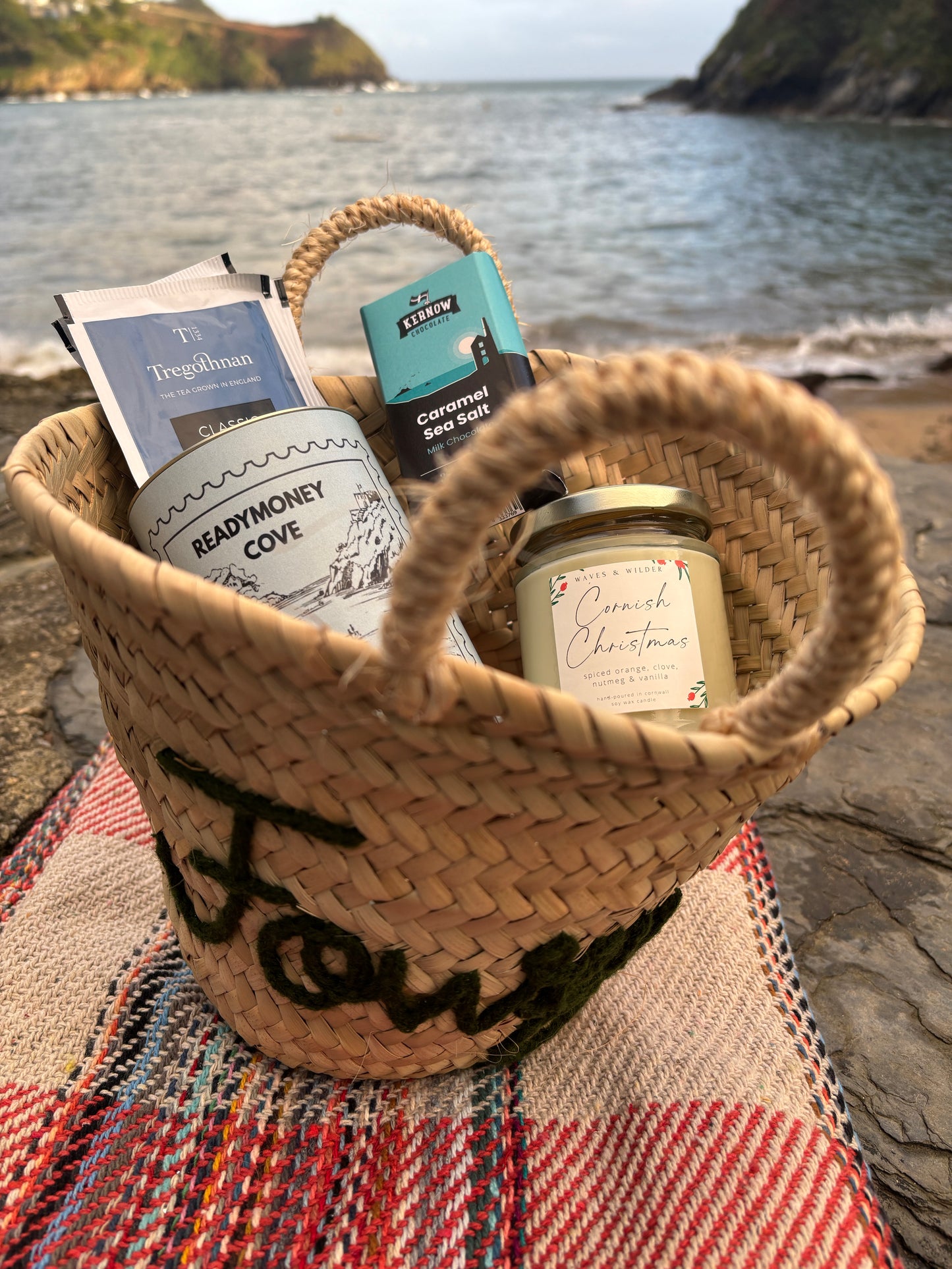 Fowey beach gift basket Readymoney Cove treats, Cornish Christmas candle, Tregothnan tea, Kernow chocolate souvenir
