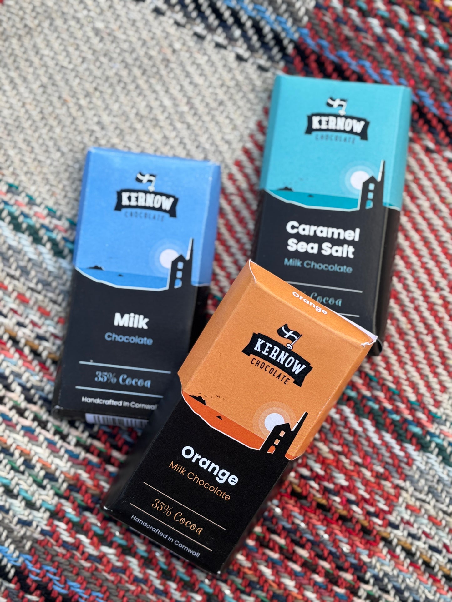 Kernow chocolate mini bars milk, Caramel Sea Salt, Orange flavors handcrafted Cornish sweet treat food gift inclusion