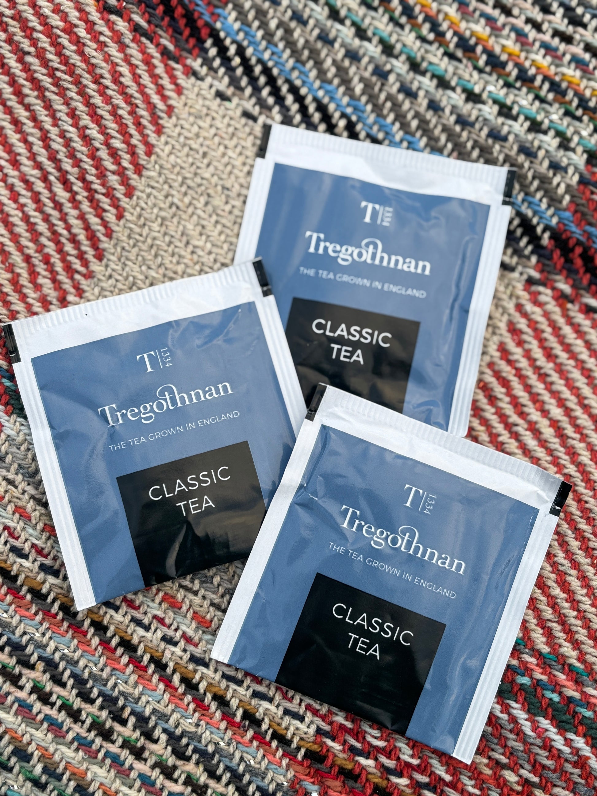 Tregothnan classic tea bags Cornwall-grown English tea packets luxury hot drink gift inclusion on a tartan blanket