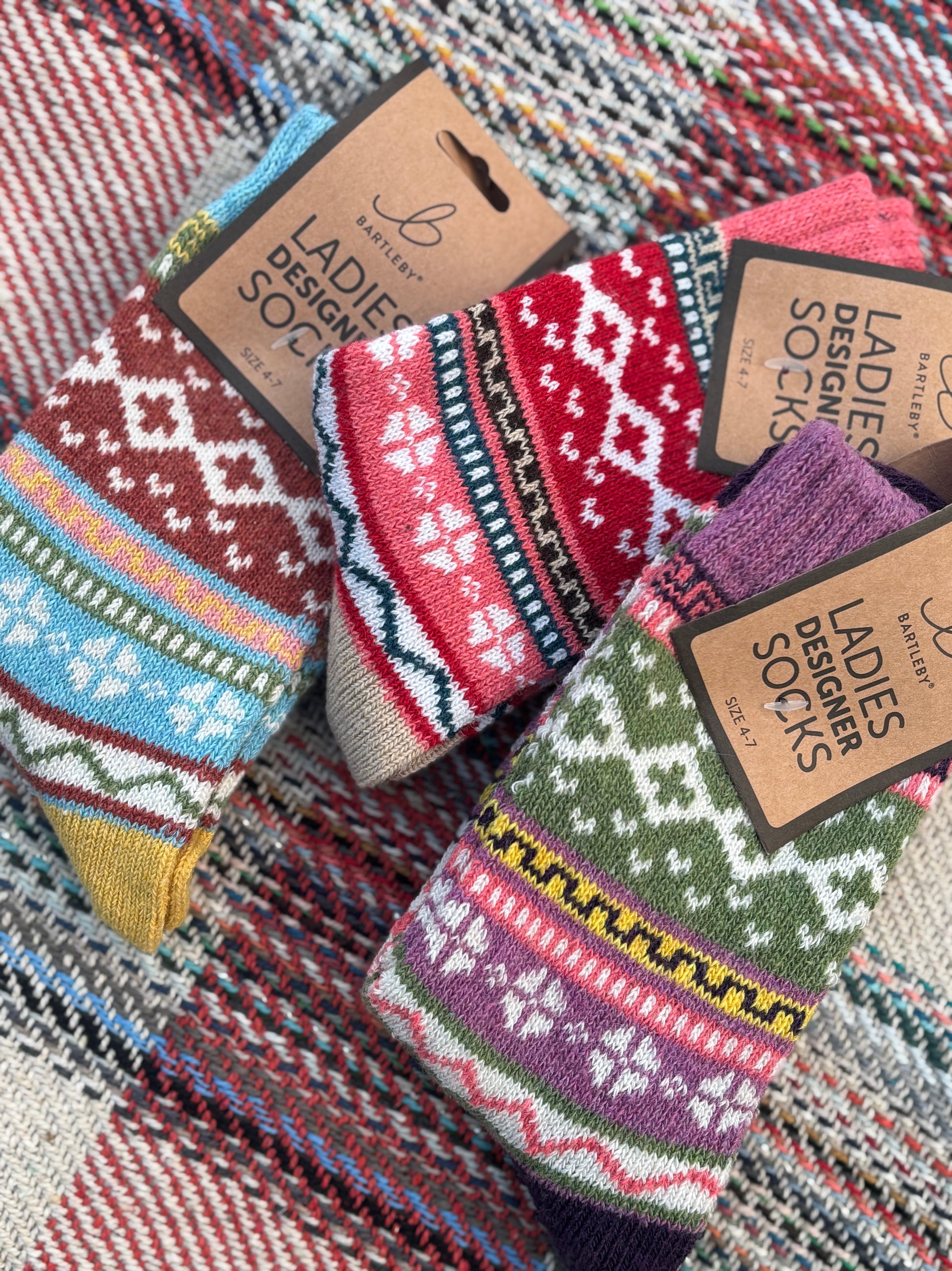 Bartleby Ladies Designer Socks set fair Isle knit patterns, warm wool blend, cosy winter comfort footwear gift