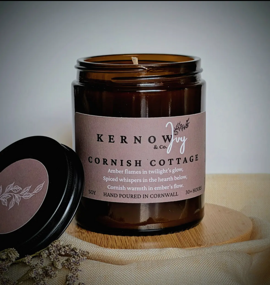 Kernow & Ivy Cornish cottage scented soy candle in an amber jar spiced and warm home fragrance hand poured in Cornwall