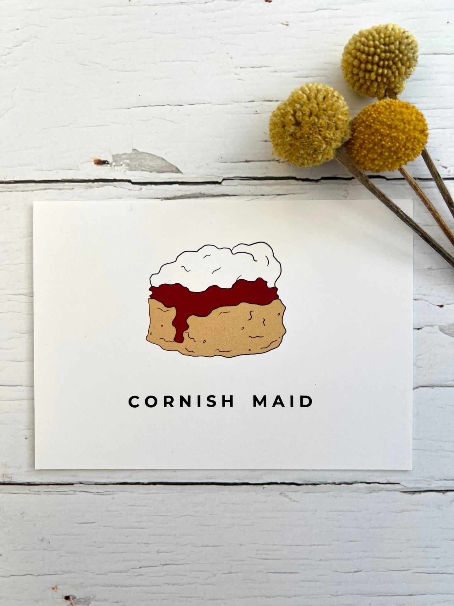 "Cornish Maid" cream tea postcard illustration of a scone with jam first, clotted cream on top Cornish food art